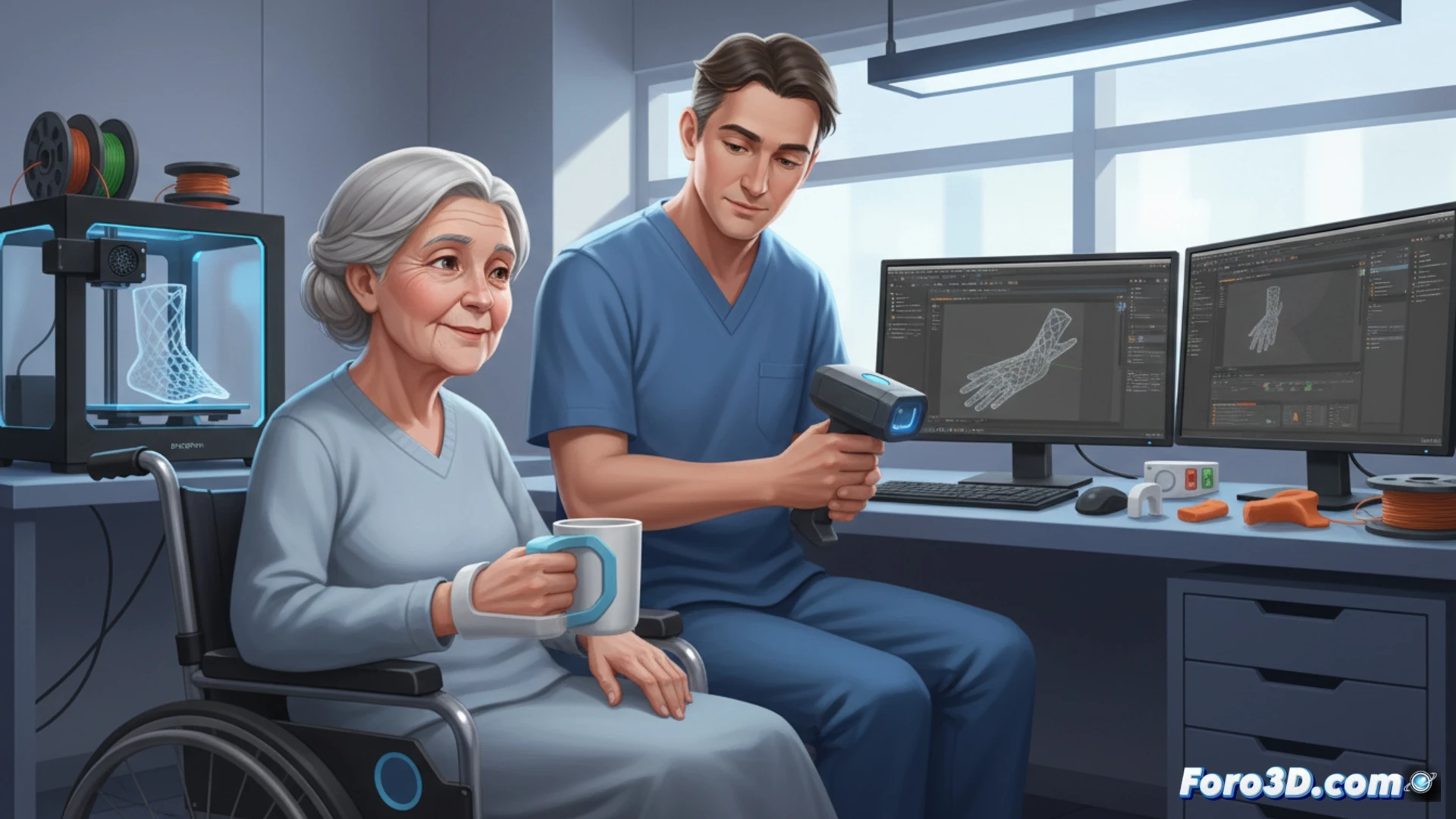 Una auxiliar de geriatría usa Blender y un escáner 3D para diseñar un soporte ergonómico de vaso para un paciente con artritis severa.