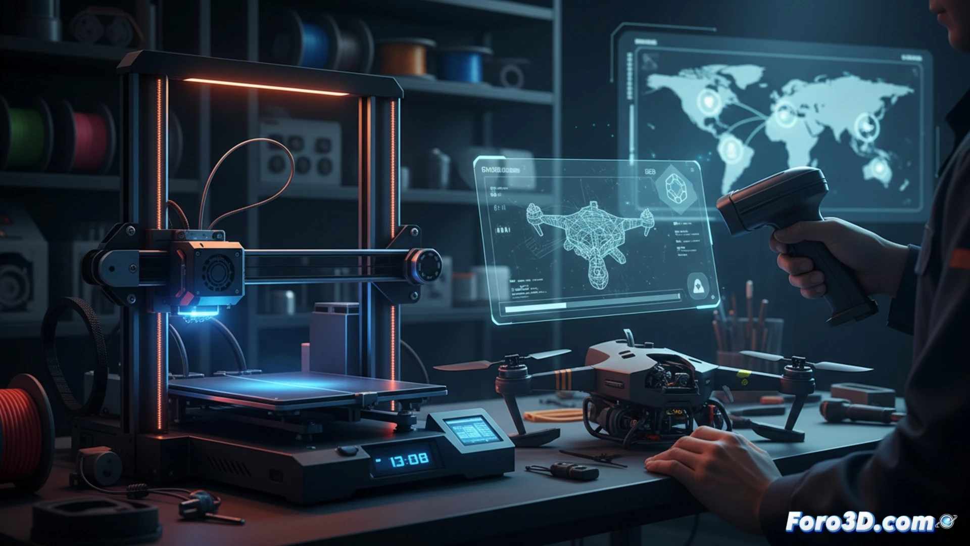 Un técnico sostiene una pieza rota frente a una impresora 3D que fabrica el repuesto exacto, sobre un fondo de herramientas digitales y engranajes.