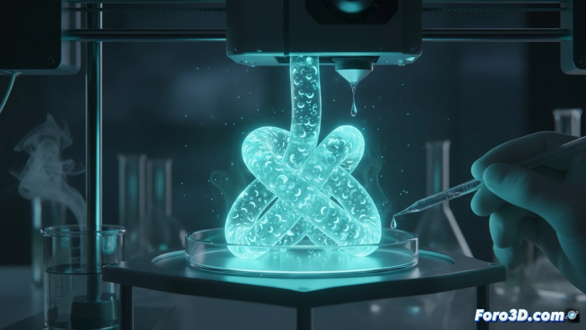 Impresión 3D de algas bioluminiscentes en hidrogel, forma de luna creciente brillando en azul cian.