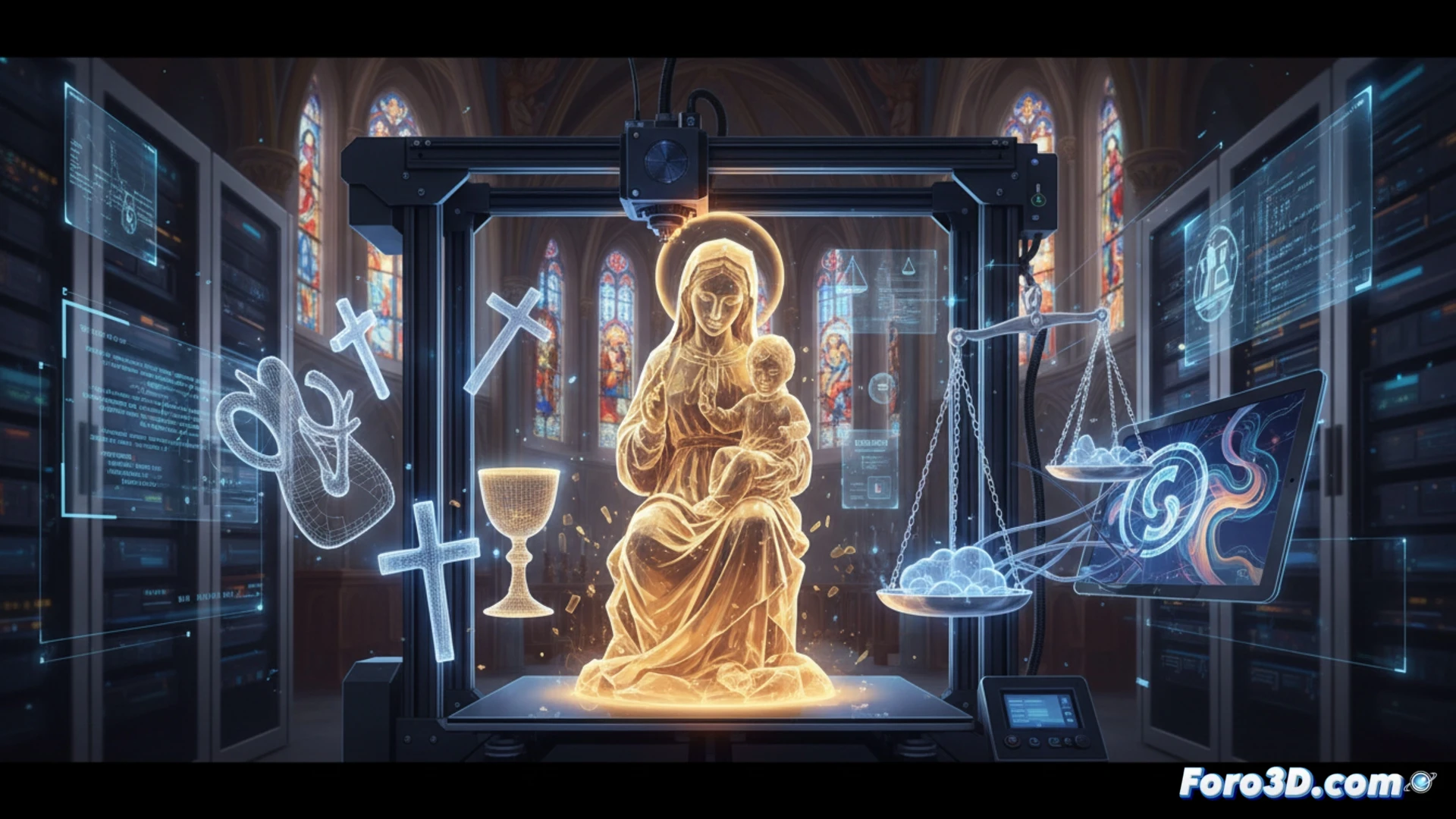 Objeto sacro impreso en 3D sobre fondo de código digital y leyes
