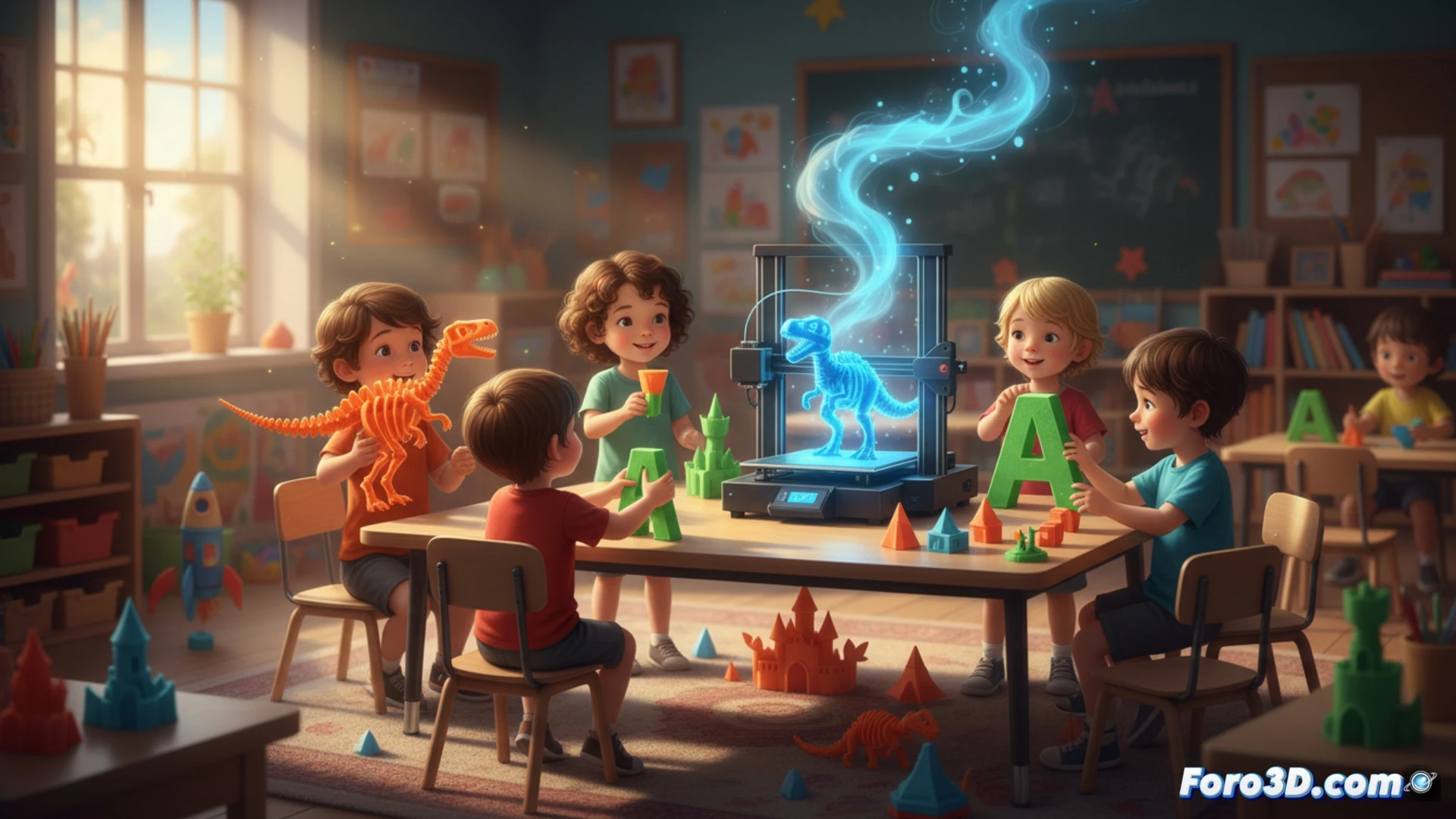 Descripción de imagen:  
Niños de infantil rodean una impresora 3D que crea una letra del alfabeto. Un pequeño toca un dinosaurio de plástico, otro sostiene un planeta azul. Luces cálidas, sonrisas y manos curiosas. La escena transmite aprendizaje sensorial y magia tecnológica en el aula.