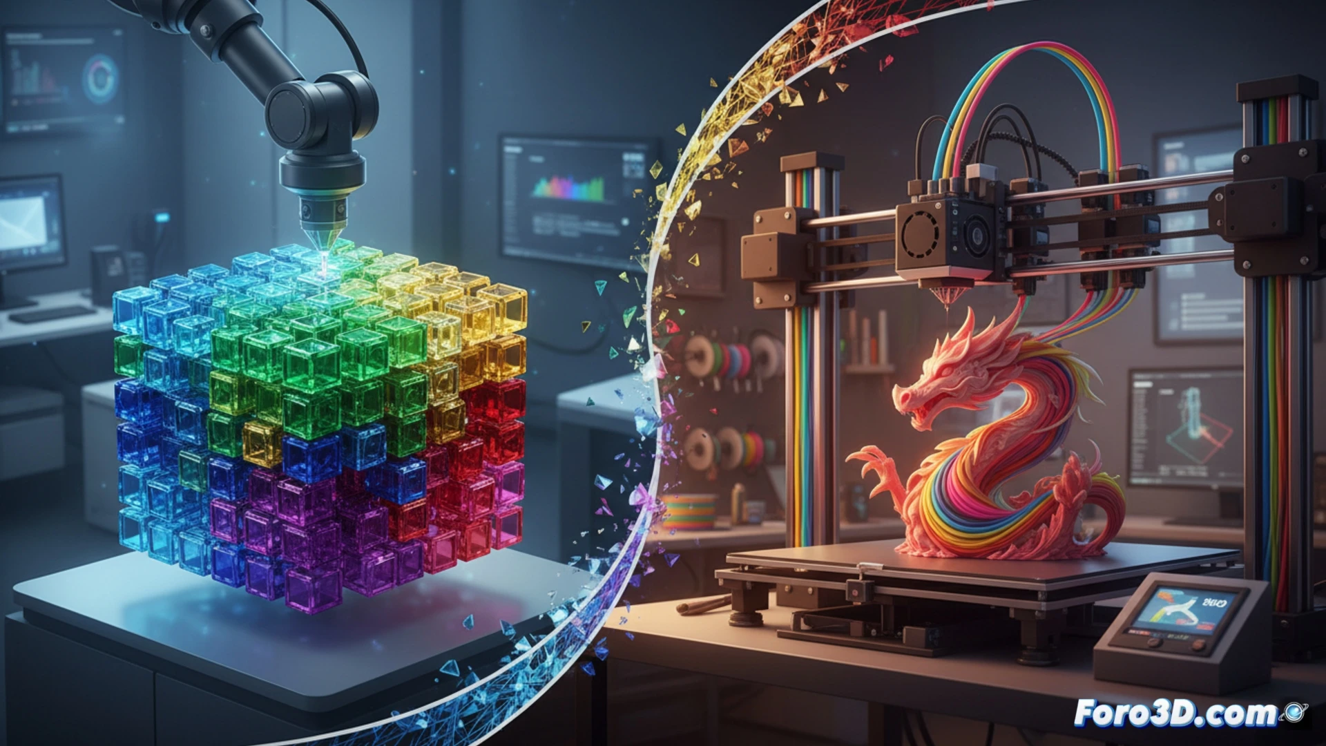 Dual 3D printer setup side by side in a bright workshop, left machine extruding colorful filament layers onto a toy model while right machine uses high-precision voxel injection to build a detailed miniature, transparent filament spools and resin cartridges visible, printer nozzles actively depositing material, computer screen showing slicing software with color mapping, photorealistic technical illustration, clean white background, sharp focus on print heads and partially finished objects, cool blue and warm orange lighting contrast, ultra-detailed mechanical components, engineering visualization style