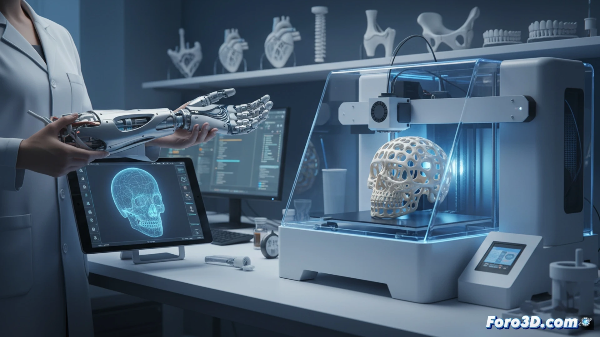 Una impresora 3D crea una prótesis craneal transparente para bebé, con modelo anatómico digital en pantalla y manos de ingeniero ajustando la pieza.