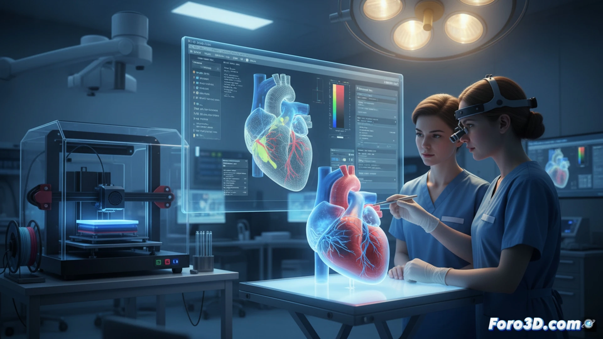 Imagen realista de un corazón infantil impreso en 3D sobre una mesa quirúrgica, junto a una tableta mostrando una tomografía. Un cirujano pediátrico lo examina. Fondo claro, colores suaves.