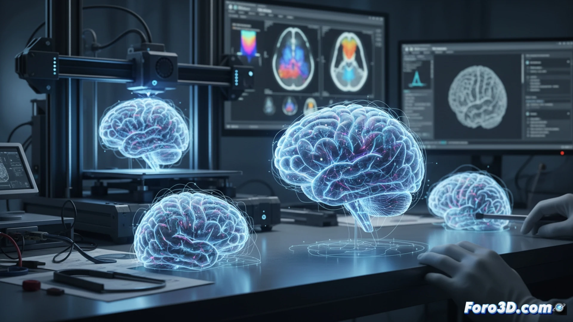 Médico señalando un modelo 3D del cerebro impreso, con áreas coloreadas que representan trastornos como esquizofrenia y TOC.