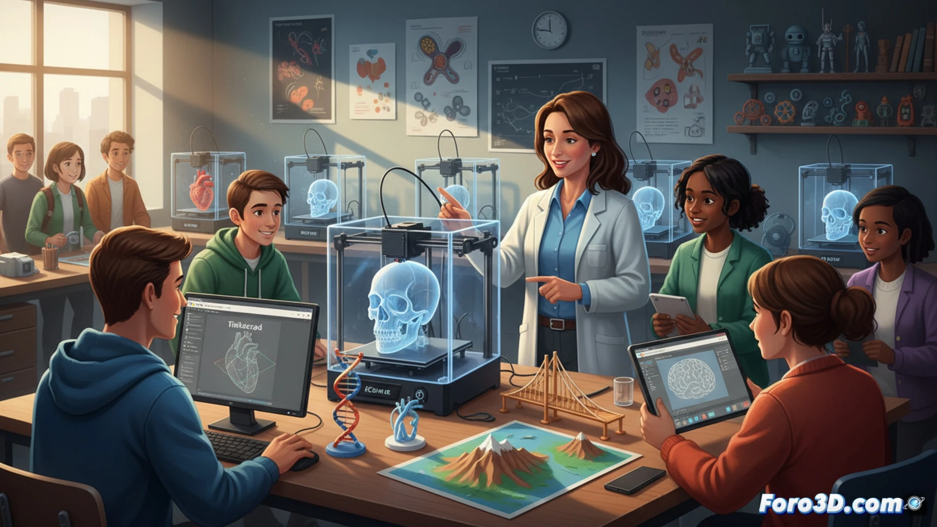 Un profesor de secundaria sostiene un cráneo humano impreso en 3D frente a una pantalla con Tinkercad y Blender, junto a una impresora 3D.