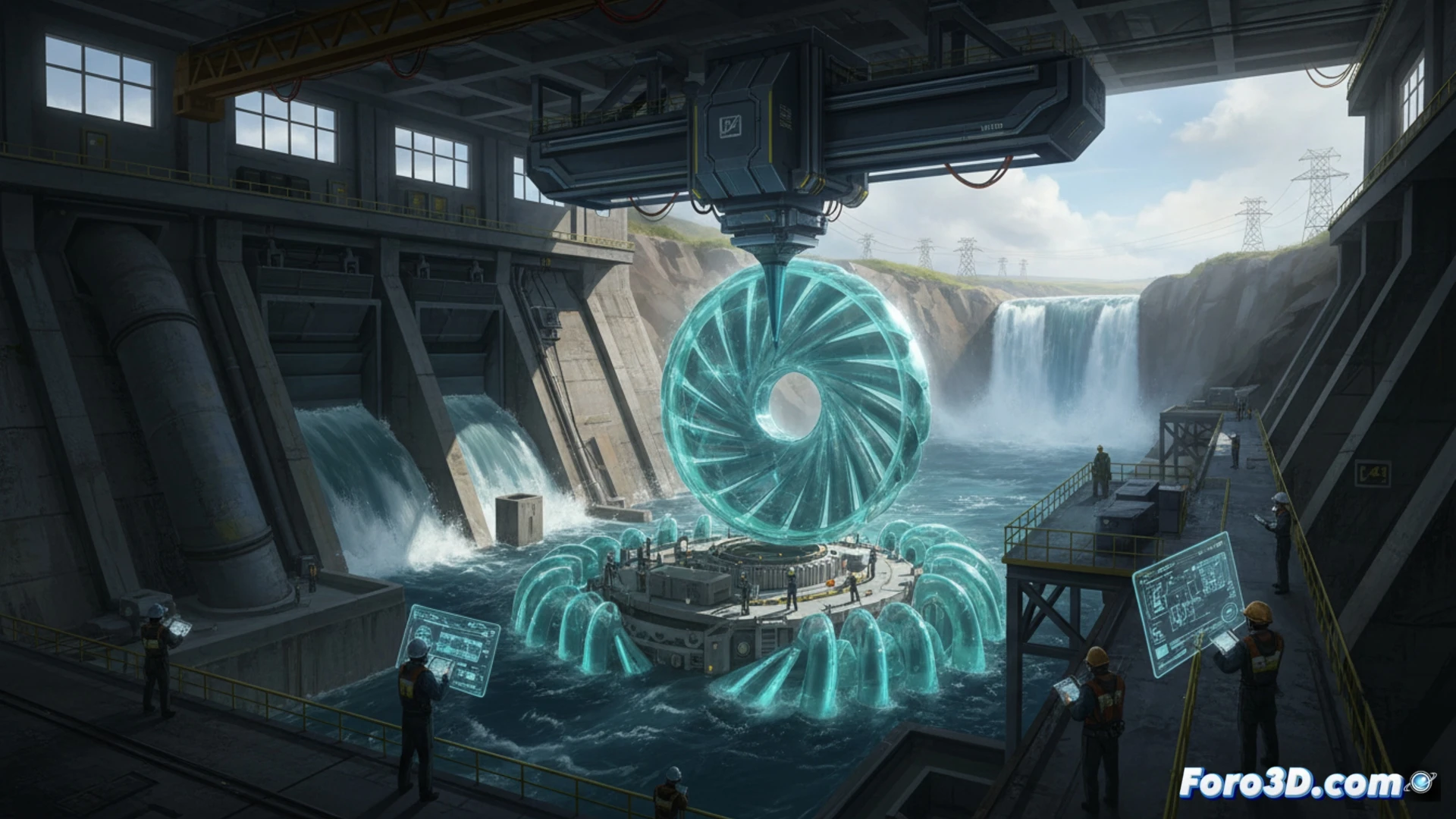 Una turbina hidráulica gigante de impresión 3D, en tonos metálicos y azules, instalada en un canal de presa, con agua fluyendo a través de sus aspas.