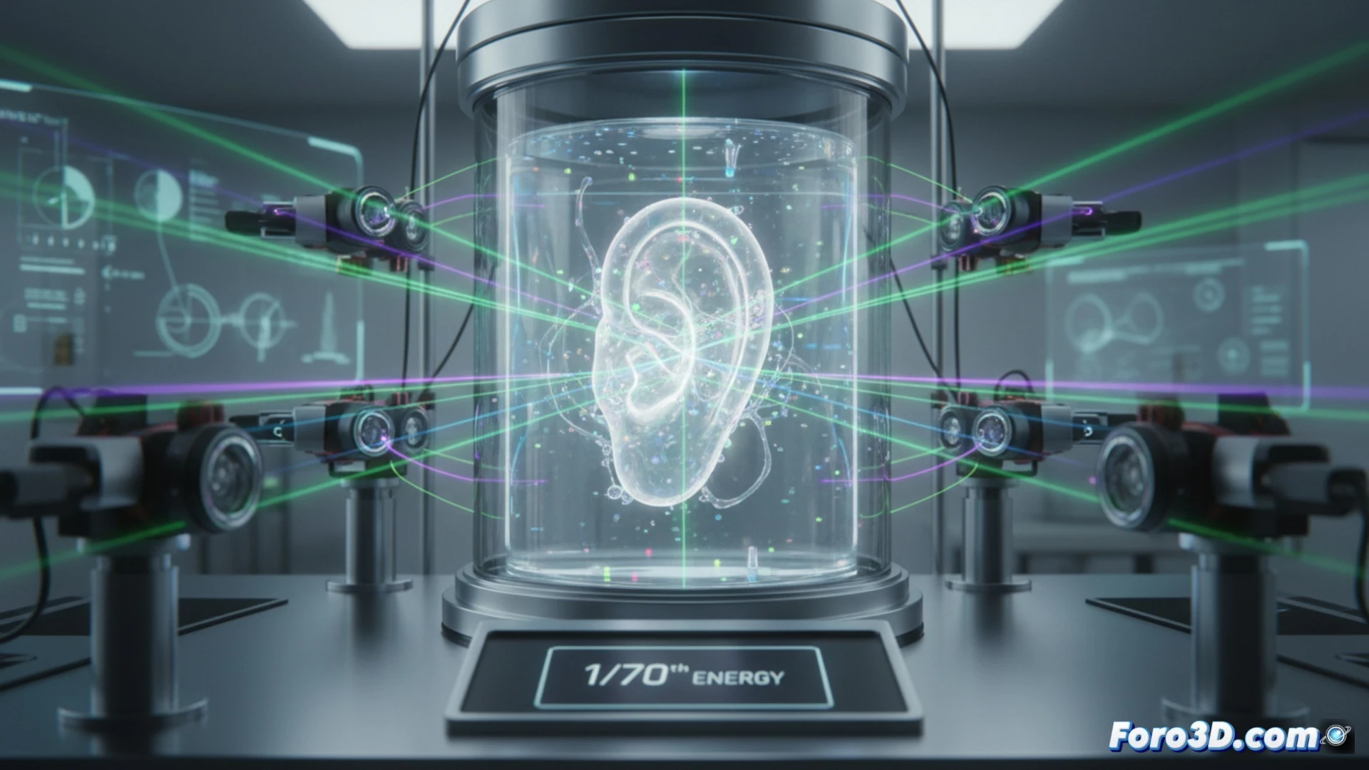 Holographic laser array projecting a detailed human ear into a transparent resin vat, focused light beams intersecting at a precise point to solidify biomaterial layer by layer, energy-efficient phase control optics visible, no bright wasted light scatter, EPFL laboratory setting with optical table and beam splitters, technical engineering visualization, photorealistic render, cool blue laser illumination, clean scientific atmosphere, ultra-sharp mechanical and optical details, dramatic side lighting highlighting the forming ear structure