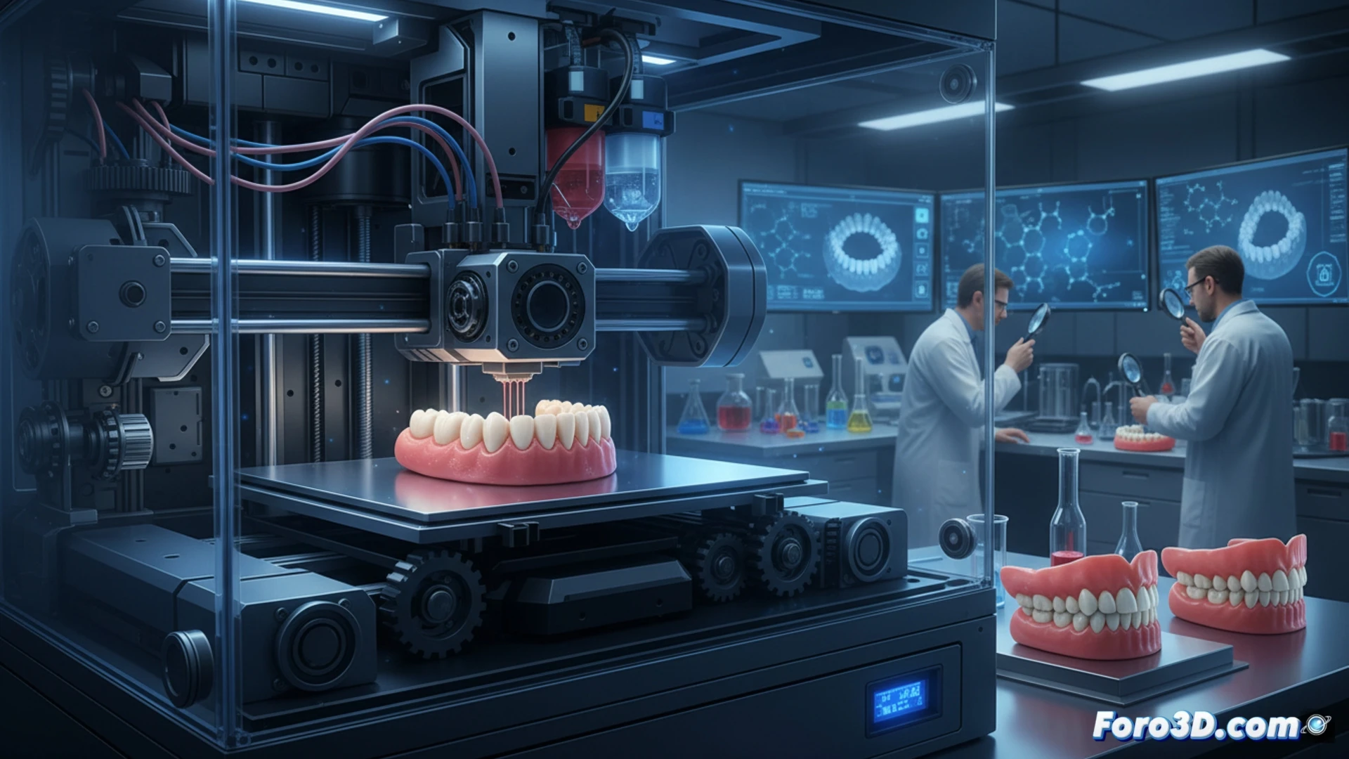 Close-up view of a multimaterial 3D inkjet printing process for dentures, print head moving across a build platform depositing layers of pink and translucent white resins, a dental prosthetic base and teeth being formed simultaneously, UV curing light flashing during printing, mechanical arms holding a partial denture, realistic resin textures and micro-layers visible, photorealistic technical illustration, bright studio lighting, high contrast between materials, sharp focus on nozzle and printed structure, no text, cinematic engineering visualization