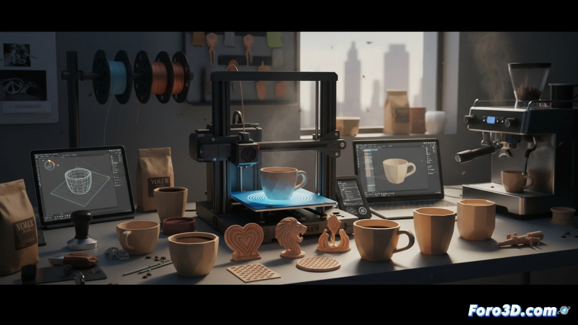 Una maqueta 3D de una taza de café y un molde para latte art, con herramientas de barista digitales sobre fondo claro.