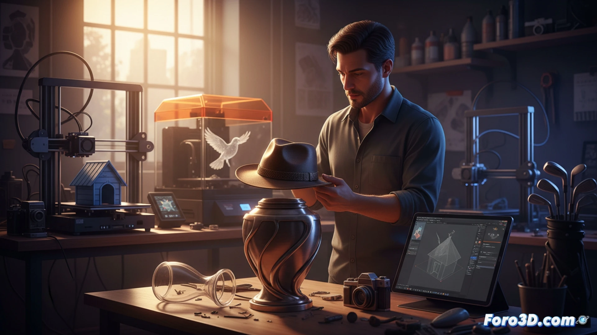 Primer plano de una impresora 3D creando una réplica exacta de un sombrero de paja sobre un ataúd de madera, con luz tenue ceremonial.