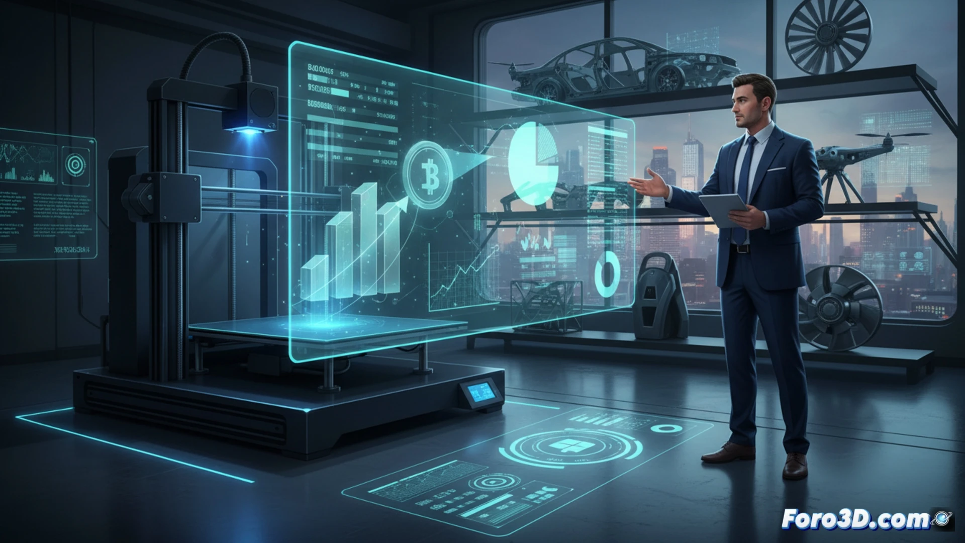Descripción detallada (80-120 caracteres):  
Primer plano de una impresora 3D creando una pieza metálica, con un controller analizando datos de costes en una tableta junto a planos digitales y gráficos financieros.