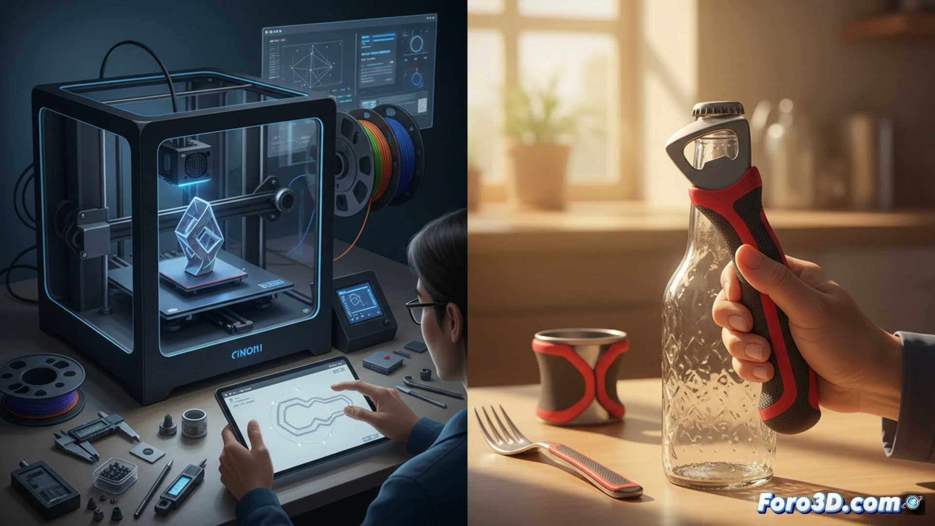 Un cuidador sostiene un abrebotellas impreso en 3D con agarre ergonómico y ampliado, frente a una impresora 3D en funcionamiento sobre una mesa con herramientas y filamentos de colores.