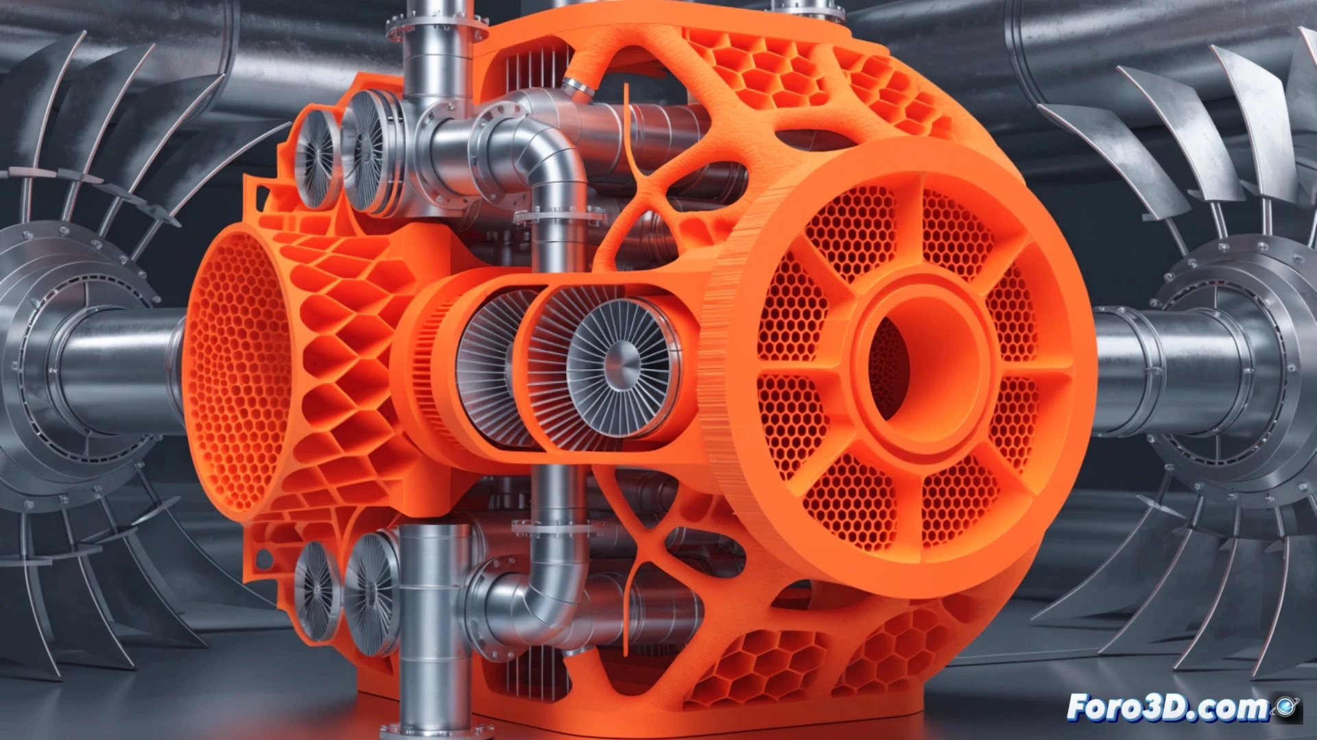 Operador de planta energética sostiene un sello de turbina impreso en 3D, con pantalla mostrando modelo digital y fondo de maquinaria industrial iluminada.