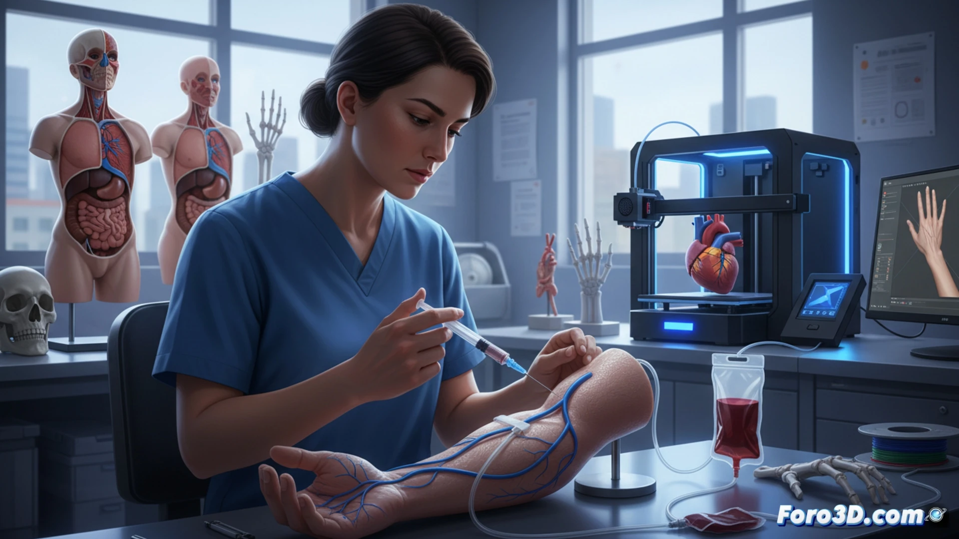 Estudiante de enfermería practica punción intravenosa en un brazo anatómico impreso en 3D, con venas artificiales visibles y realistas.