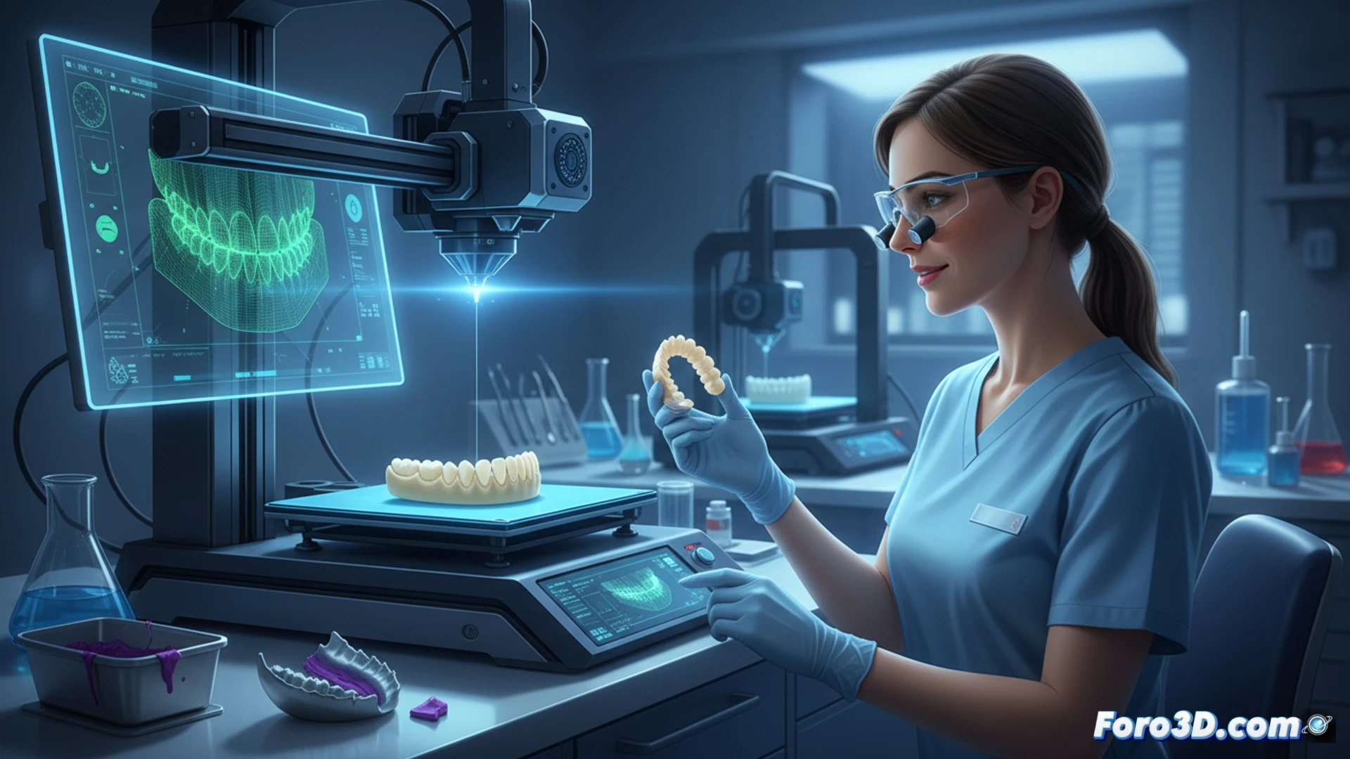 Un higienista dental ajusta una férula de blanqueamiento transparente, impresa en 3D, sobre un modelo dental digital en pantalla táctil, con escáner intraoral al lado.