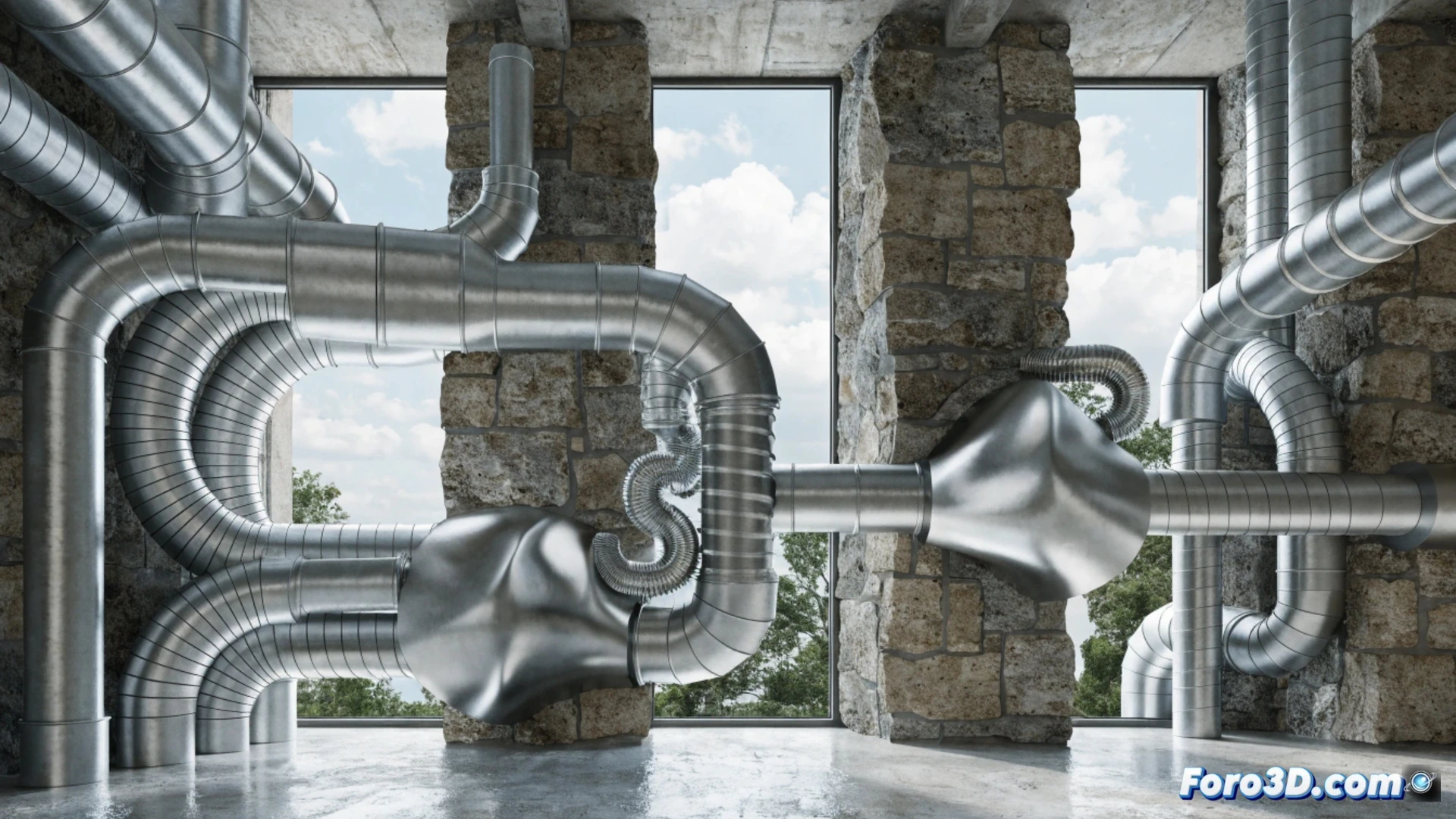 Instalador de climatización escanea un hueco irregular en el techo; impresora 3D fabrica un ducto a medida, eliminando errores de chapa.