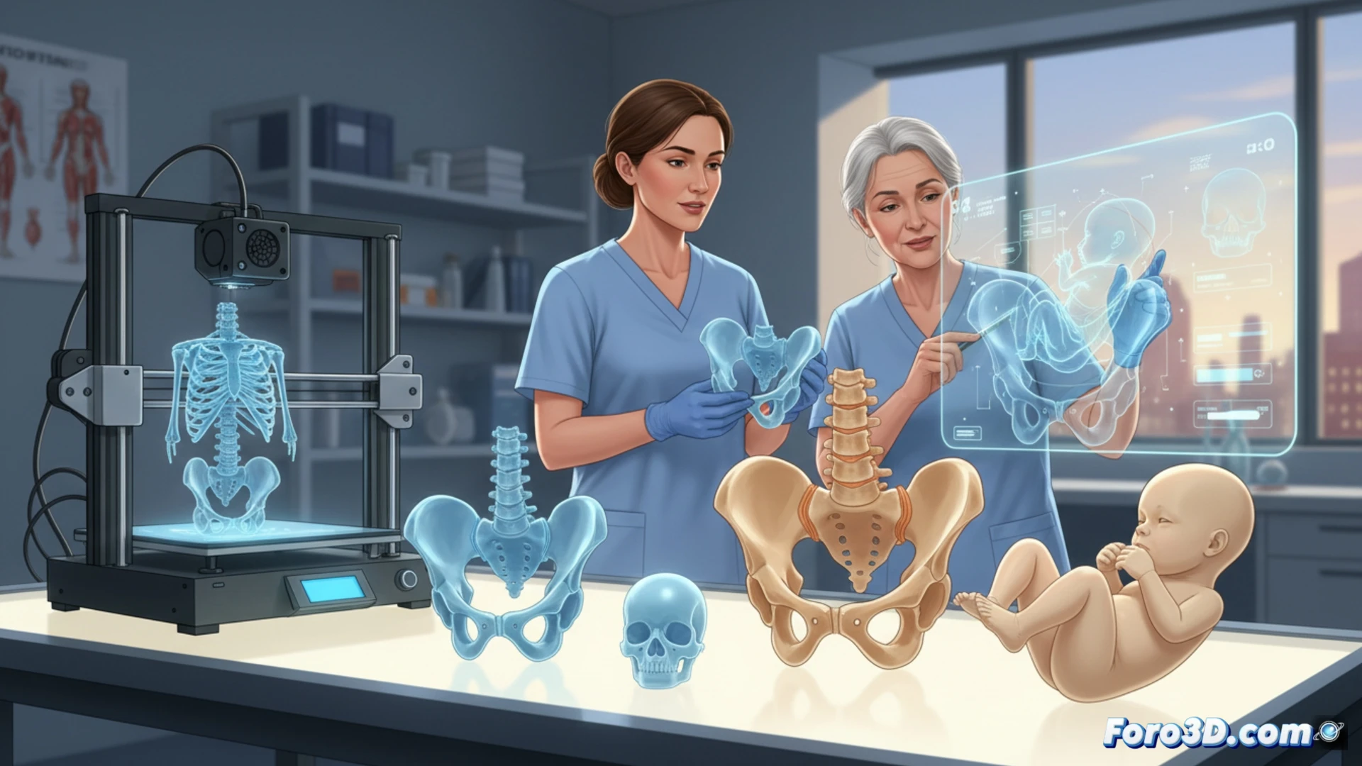 Descripción detallada para la imagen:  

Una matrona sostiene un modelo 3D translúcido de pelvis femenina con un feto impreso en posición cefálica, mientras señala el canal de parto. Al fondo, una pantalla muestra un plano virtual de rotación fetal. Sobre la mesa, herramientas de planificación médica y un bloc de notas. La luz suave resalta la precisión anatómica del modelo.  

Descripción corta (80-120 caracteres):  
Matrona analiza modelo 3D de pelvis y feto, con pantalla virtual de planificación obstétrica y herramientas médicas.