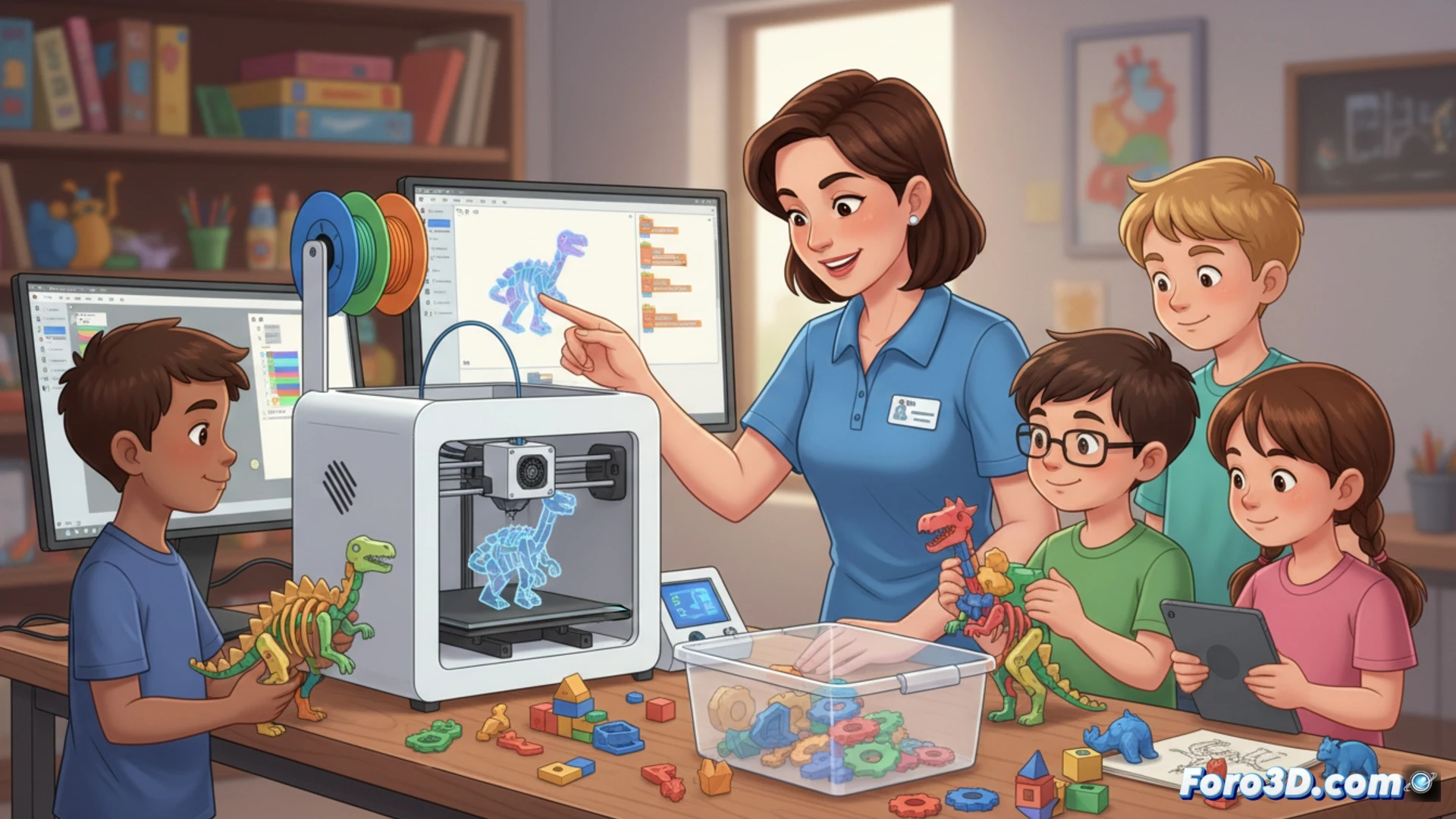 Impresora 3D creando piezas de juegos educativos en una mesa de trabajo, con monitor de actividades diseñando figuras en Tinkercad y Cura en pantalla.