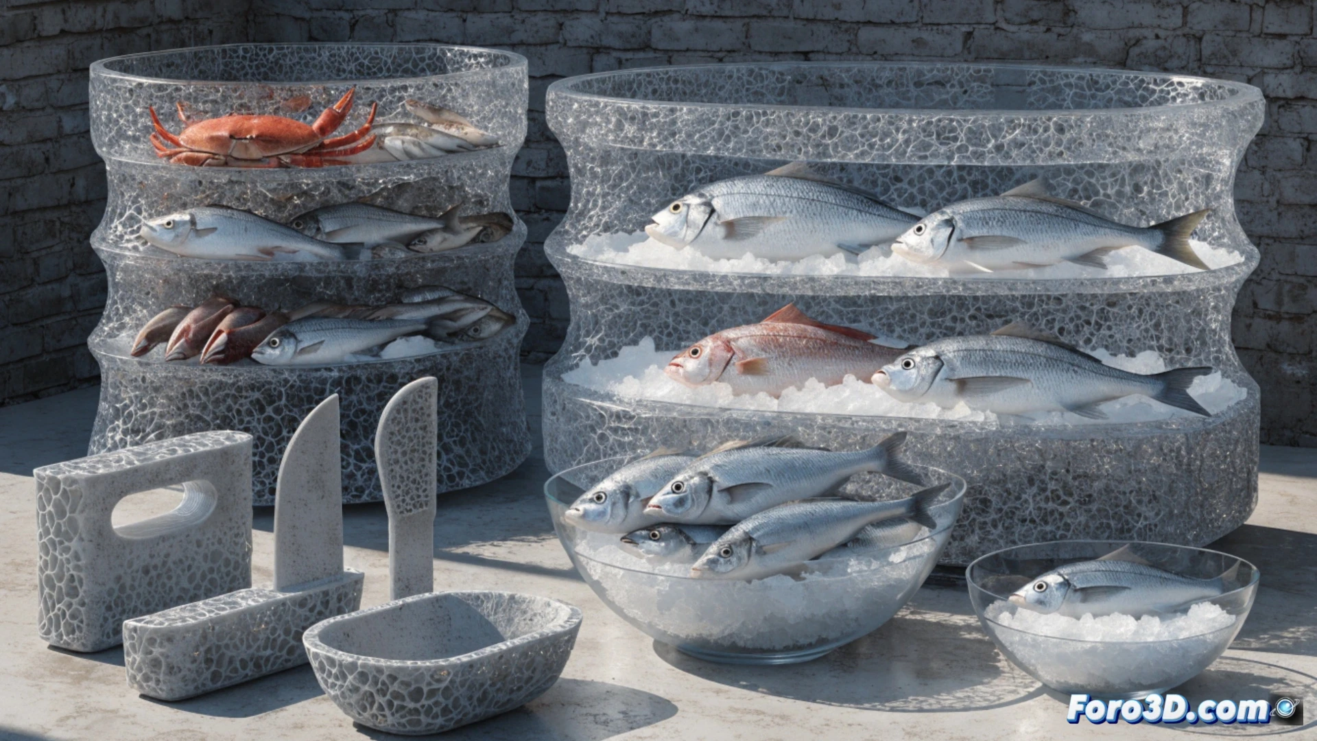 Impresora 3D fabricando expositor modular para pescado, con herramientas de corte personalizadas y lonja optimizada.