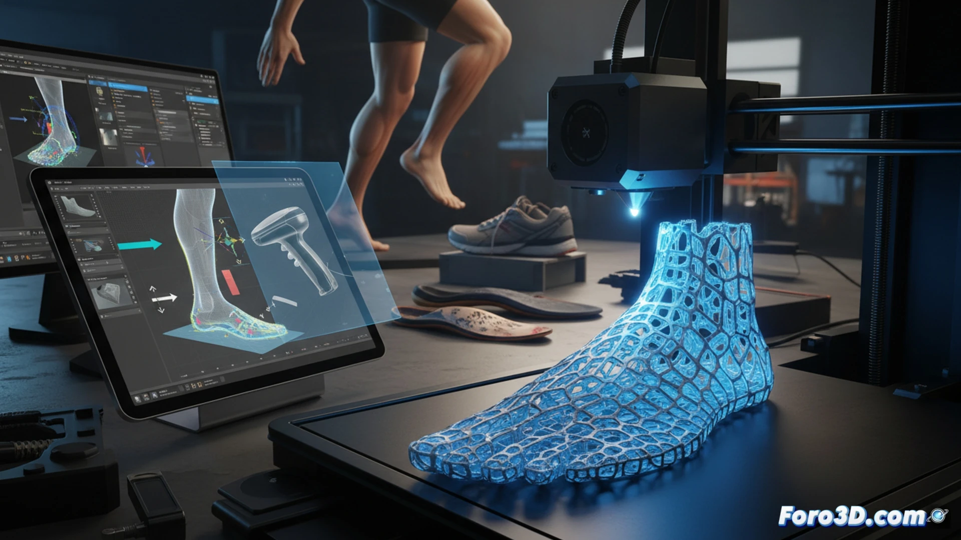 Un escáner 3D captura la silueta de un atleta; junto a una plantilla impresa y un monitor con software de modelado biomecánico.
