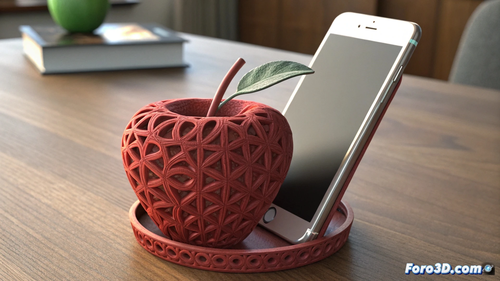 Vendedor ambulante en su puesto imprime en 3D soportes para móviles con forma de manzana, atrayendo clientes curiosos.