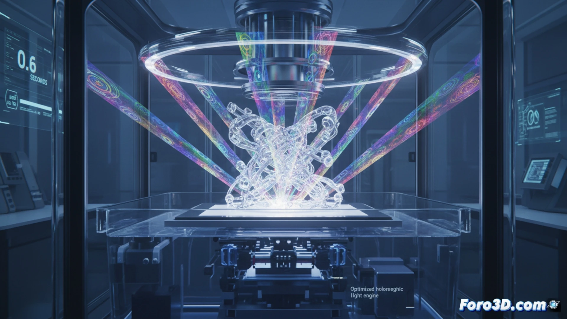 Descripción detallada de la imagen (80-120 caracteres):  
Un haz holográfico azul atraviesa un periscopio giratorio y solidifica una estructura polimérica milimétrica en un tanque transparente, en menos de un segundo.