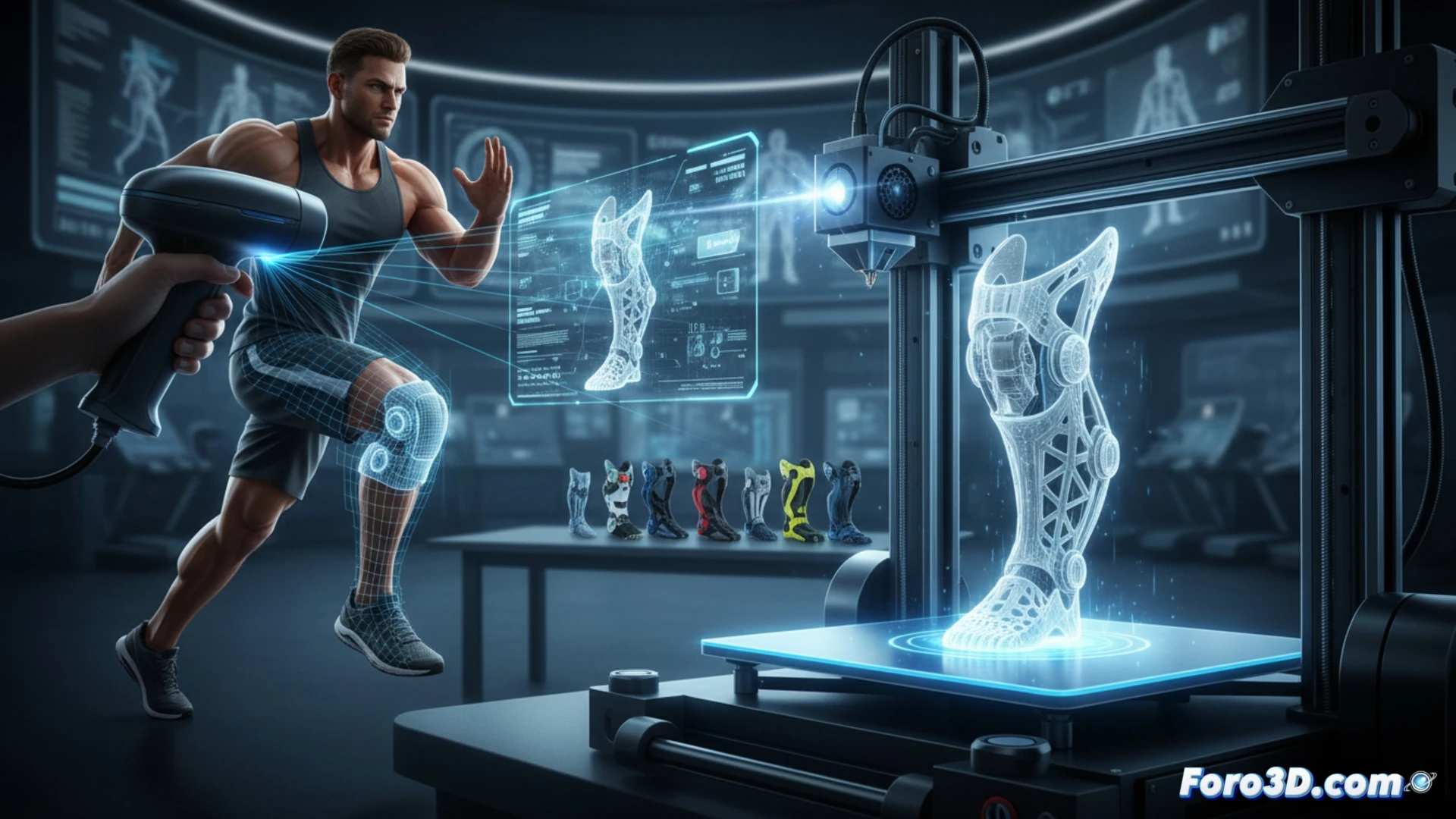 Deportista con órtesis de tobillo impresa en 3D ajustada a su pie, mostrando diseño paramétrico y ligereza.