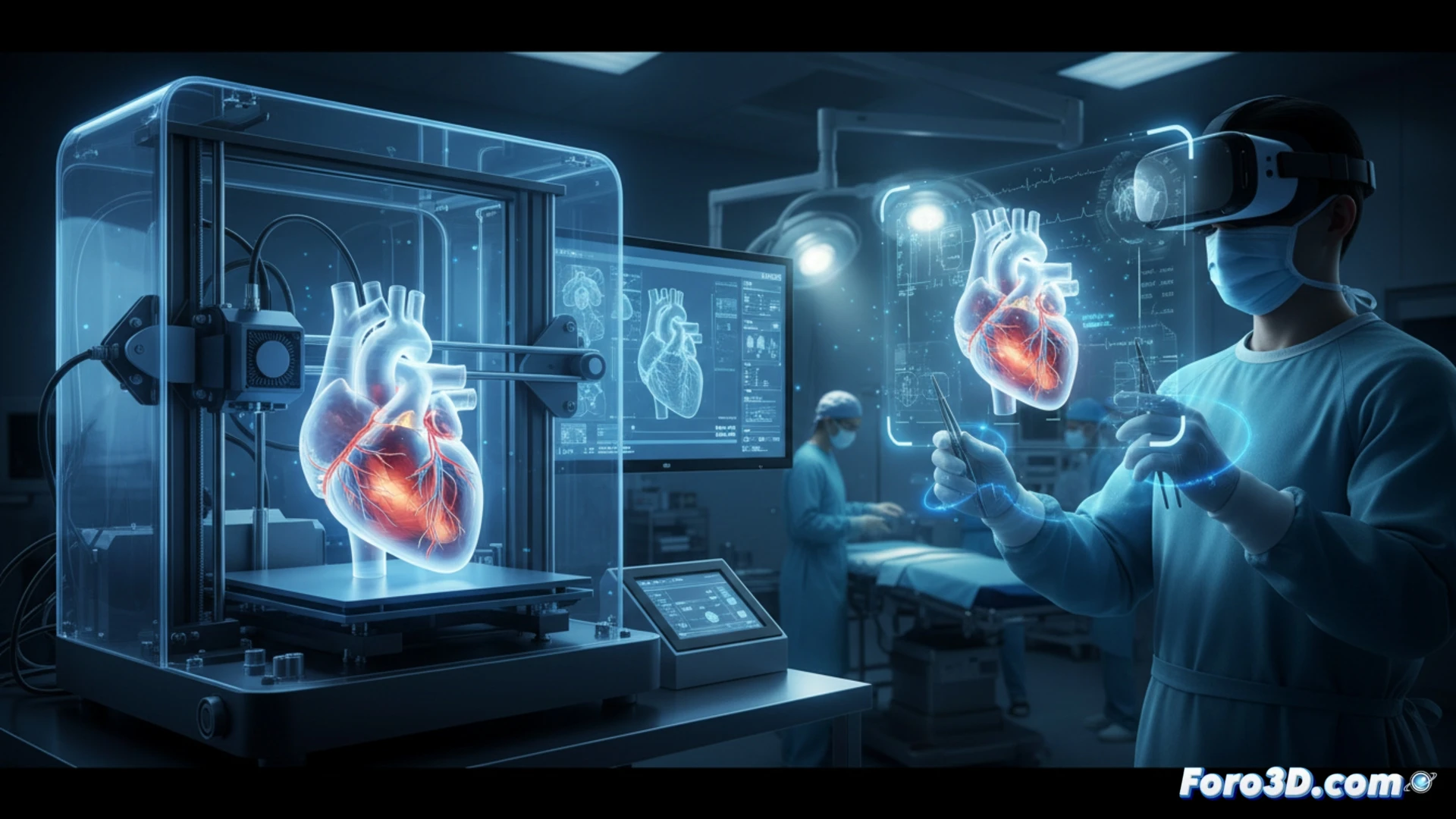 Un cirujano cardíaco sostiene un modelo 3D realista de un corazón humano, mientras detrás una pantalla de realidad virtual muestra el mismo órgano en detalle para planificar una operación precisa.