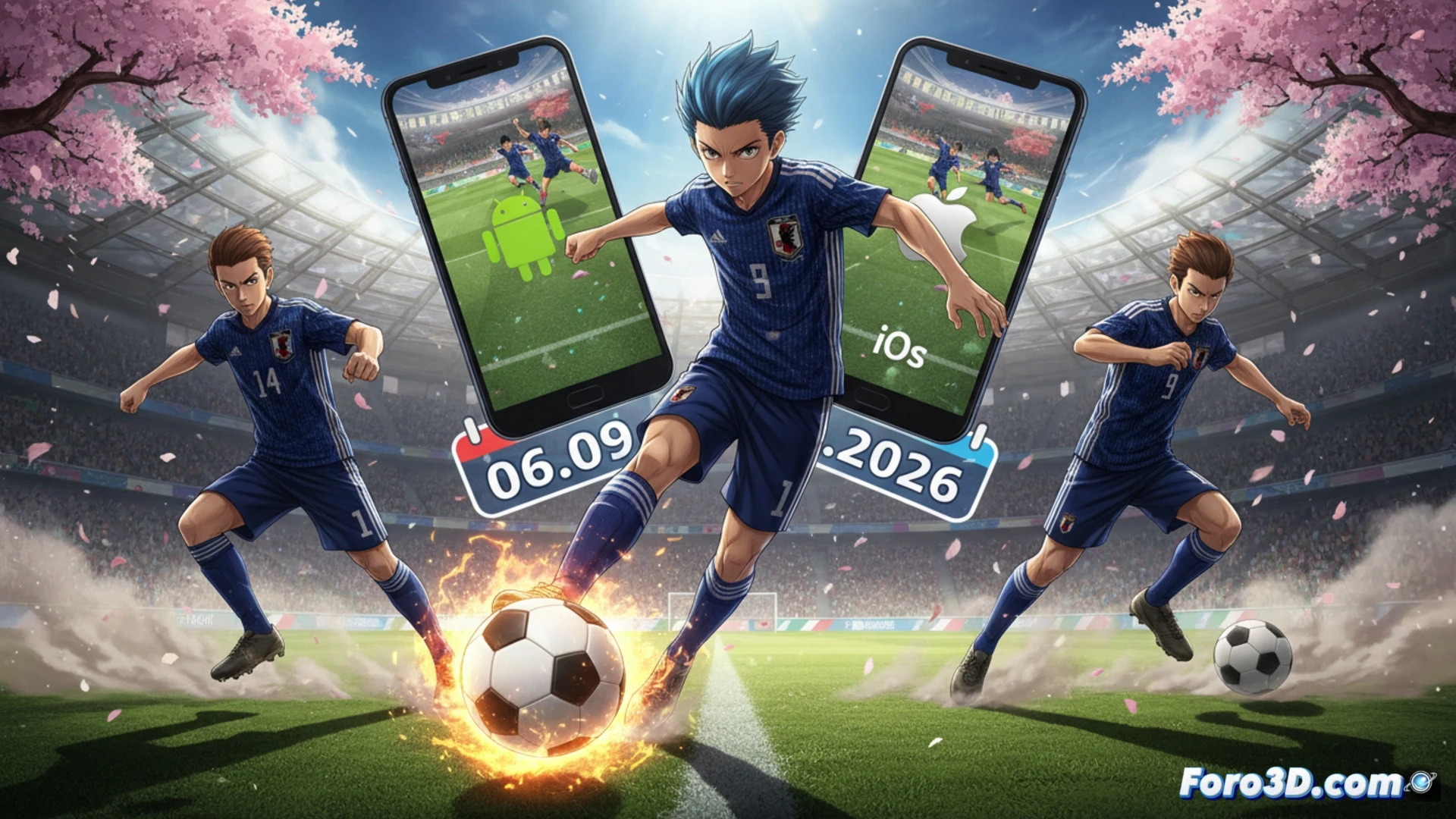 anime-style football player mid-air kick, glowing blue energy trail from foot connecting to a stylized soccer ball, smartphone screen edge visible at bottom showing game interface, mobile device held by hands in casual grip, background blurred stadium with digital grid lines and floating data particles, cinematic game promotion visualization, dynamic action pose, uniform with Japanese national team stripes, intense motion blur on ball, neon cyan and white color scheme, realistic fabric folds, dramatic stadium lighting, ultra-detailed character shading, photorealistic anime render
