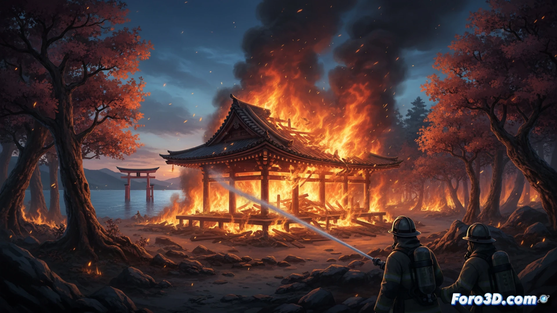 Ancient Japanese Buddhist hall fully engulfed in flames during night, wooden structure collapsing inward with bright orange fire consuming ornate roof tiles, smoke billowing upward toward dark sky, fire spreading to adjacent pine forest with trees catching fire one by one, embers floating in hot air currents, traditional Japanese architecture with wooden pillars and curved eaves visibly burning, fire department water hoses spraying from ground level but flames overwhelming the structure, cinematic photorealistic disaster scene, dramatic orange and red lighting contrasting with dark blue night sky, ultra-detailed smoke textures, glowing embers, historical building destruction in progress