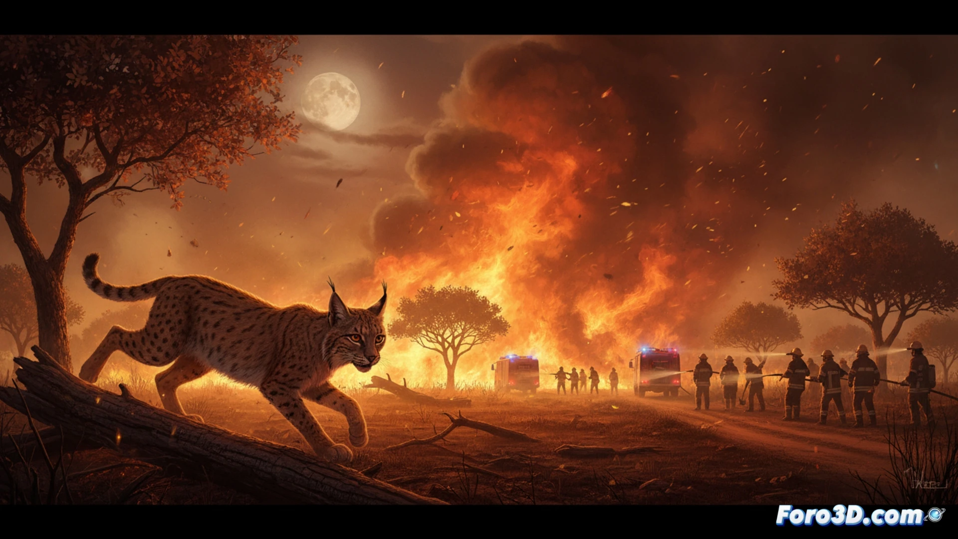 Aerial view of a wildfire burning through Mediterranean scrubland, more than 250 hectares ablaze, thick grey smoke rising into the sky, firefighting helicopter dropping water near a pine forest edge, a lynx silhouette running away from flames in the foreground, emergency vehicles with flashing lights on a dirt road, charred vegetation and active fire lines, dramatic orange and black sky, high contrast, photorealistic cinematic style, urgent action scene, environmental crisis documentation