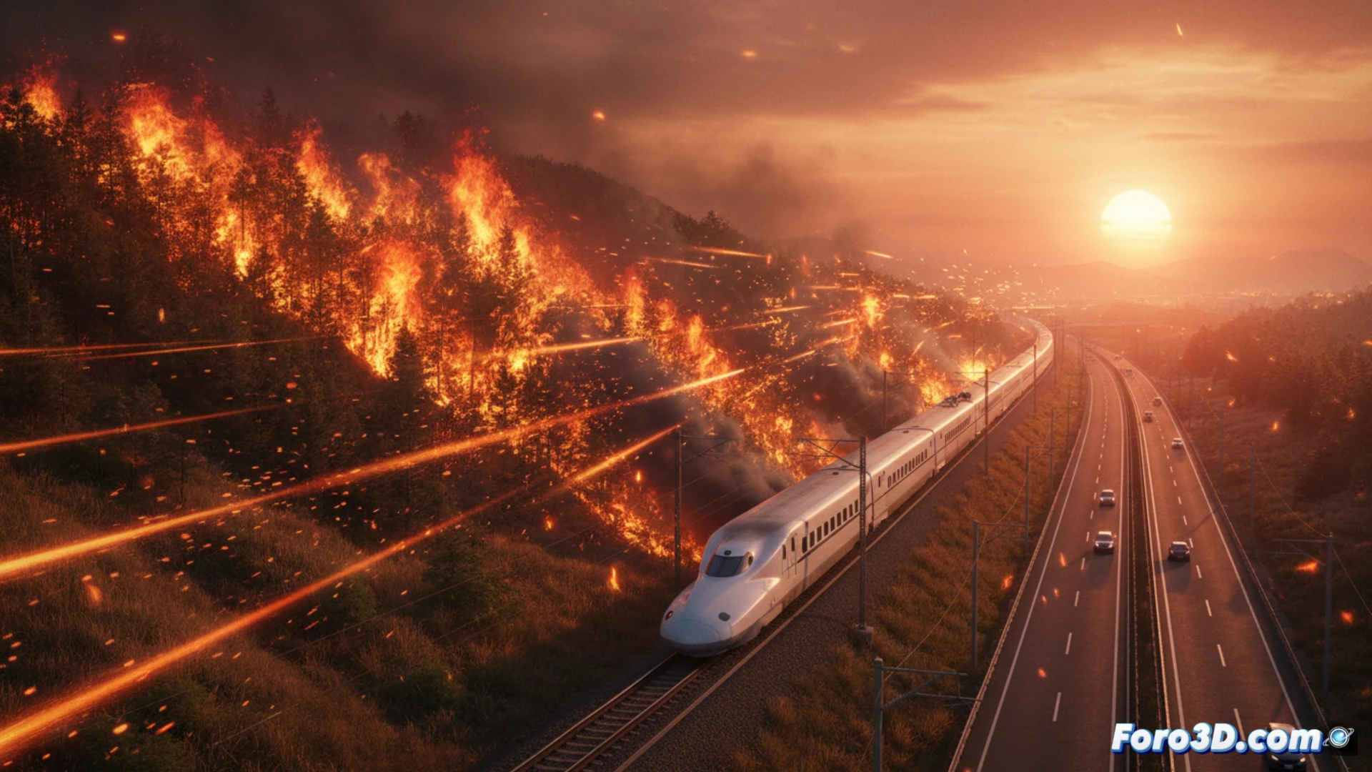 Simulazione 3D di incendio forestale a Fukuyama con braci volanti che minacciano la linea Shinkansen Sanyo e l'autostrada