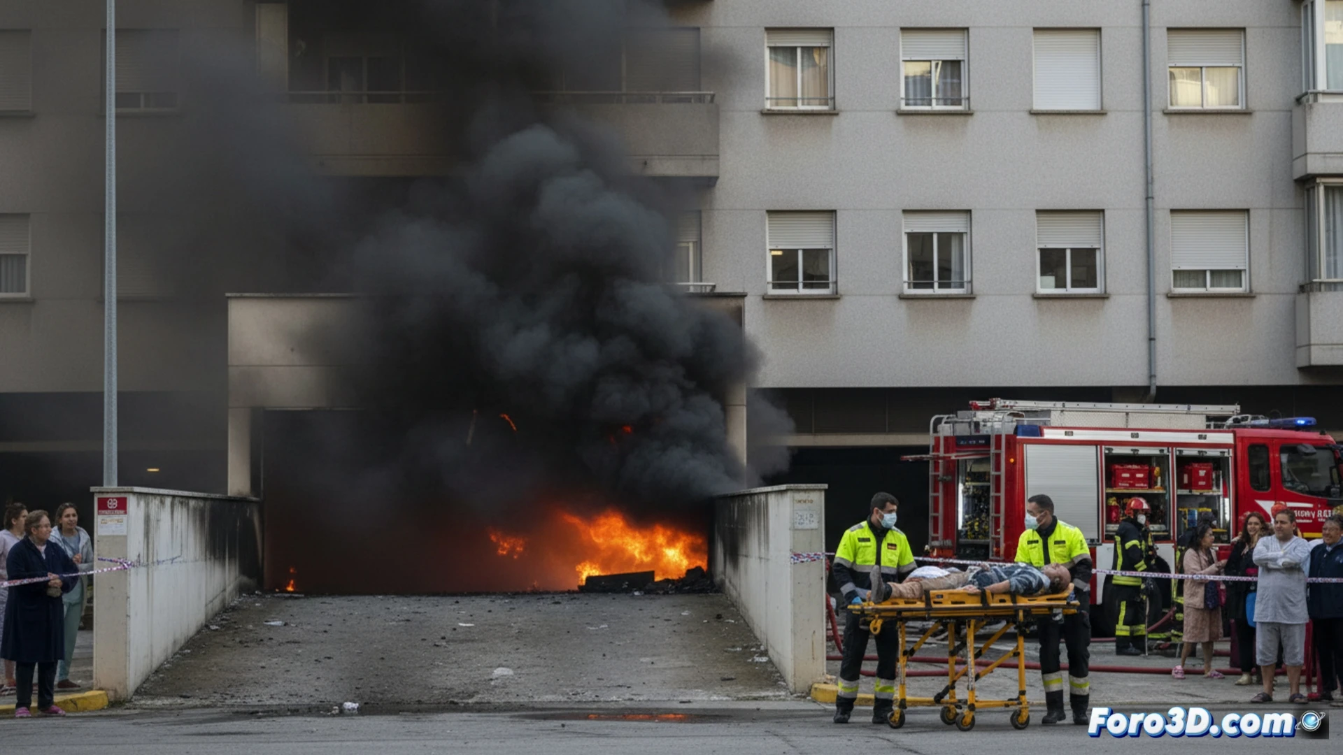 subterranean parking garage fire scene, a burning electric vehicle with flames emerging from the front hood and undercarriage, thick black smoke billowing upward against concrete ceiling, two figures lying on the ground near a fire extinguisher, one person with visible burns on arm, emergency exit sign glowing red, water hose trailing on oil-stained concrete floor, firefighter boots and axe visible in background, cinematic photorealistic technical illustration, dramatic orange and gray lighting, smoke particles scattering, intense action moment during fire suppression, ultra-detailed mechanical damage on vehicle, realistic industrial concrete textures, high contrast shadows