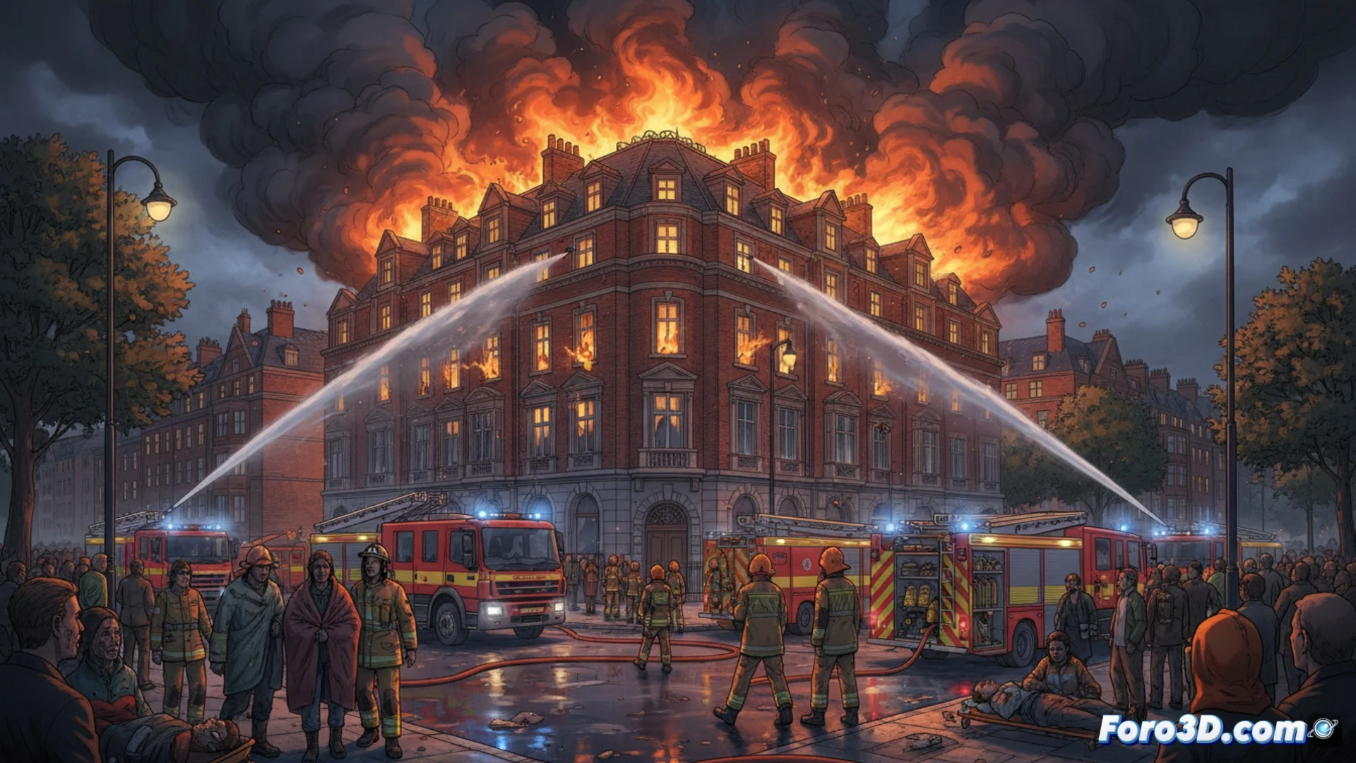cinematic wide shot of a fifth-floor apartment block facade, thick grey smoke billowing from a shattered window, a firefighter in full turnout gear pulling a hose line up an aerial ladder, two other firefighters on the balcony assisting a resident wearing a red fire hood, emergency vehicles with flashing blue lights on the wet street below, smoke inhalation treatment scene visible through a ground-floor doorway, paramedics with oxygen masks, dramatic overcast daylight, photorealistic technical illustration, ultra-detailed brick texture and reflective wet pavement, high-contrast industrial lighting