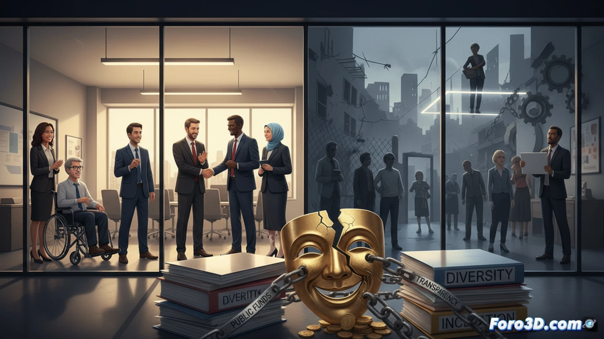 corporate office lobby scene, diverse candidates waiting for job interview while a transparent glass ceiling panel shatters above them, salary gap charts displayed on a broken digital screen showing unequal bars, HR manager typing on laptop with diversity slogan peeling off the monitor, discarded company brochures on floor, security guard blocking entry to boardroom, cold fluorescent lighting, photorealistic architectural visualization, cinematic wide-angle lens, dramatic shadows, hyperdetailed textures of glass shards and metal fixtures, technical workplace illustration