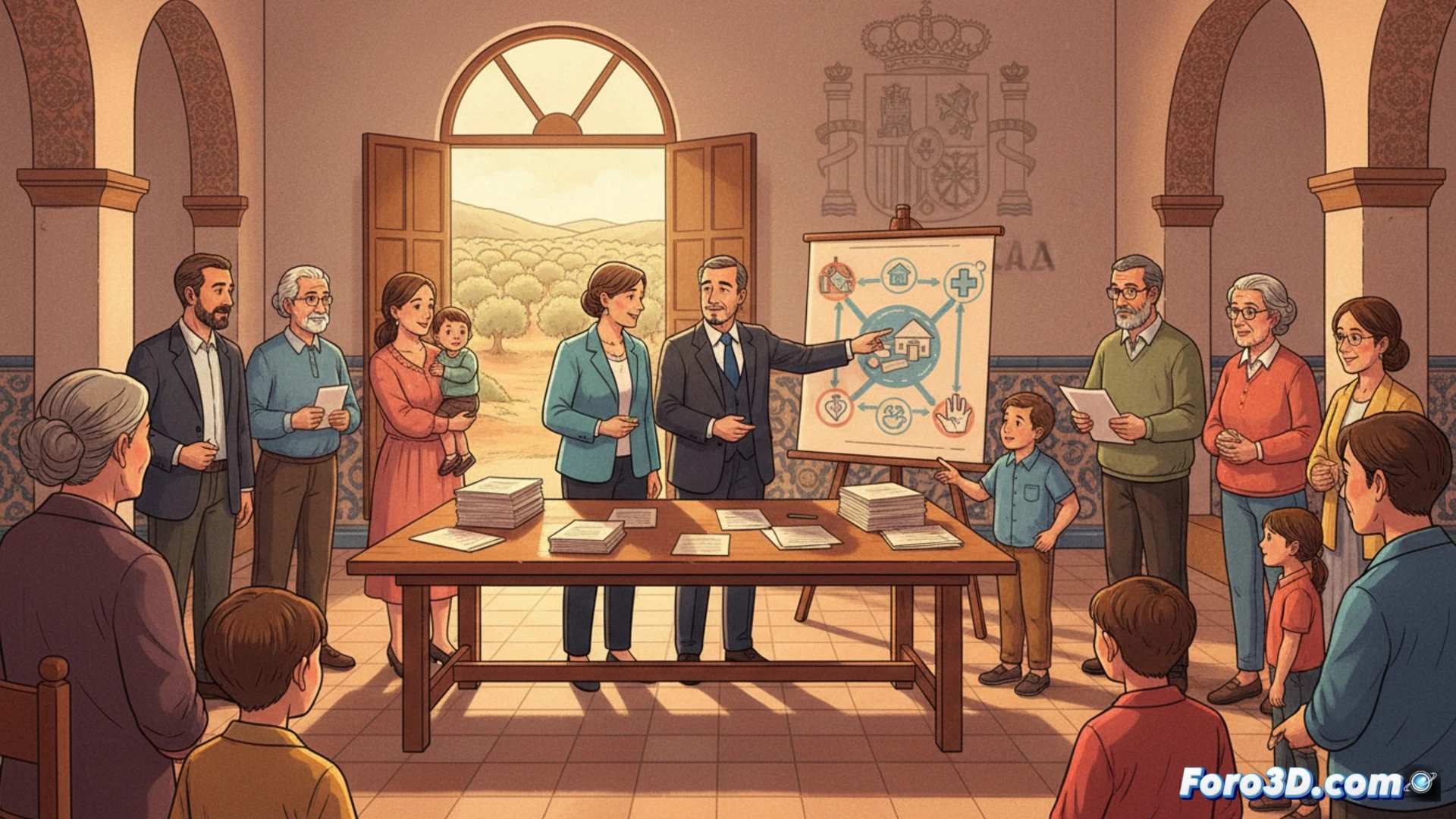 Photorealistic scene of an official administrative desk with a stack of compensation claim forms, a computer monitor displaying a digital case evaluation interface with icons for physical, psychological, and material damages, a hand holding a pen over a signed document while a small family photo sits beside a coffee cup, soft natural light from a window, calm institutional atmosphere, modern office background with filing cabinets, technical illustration style, detailed paperwork textures, professional lighting emphasizing the process of individualized assessment and swift bureaucratic response.