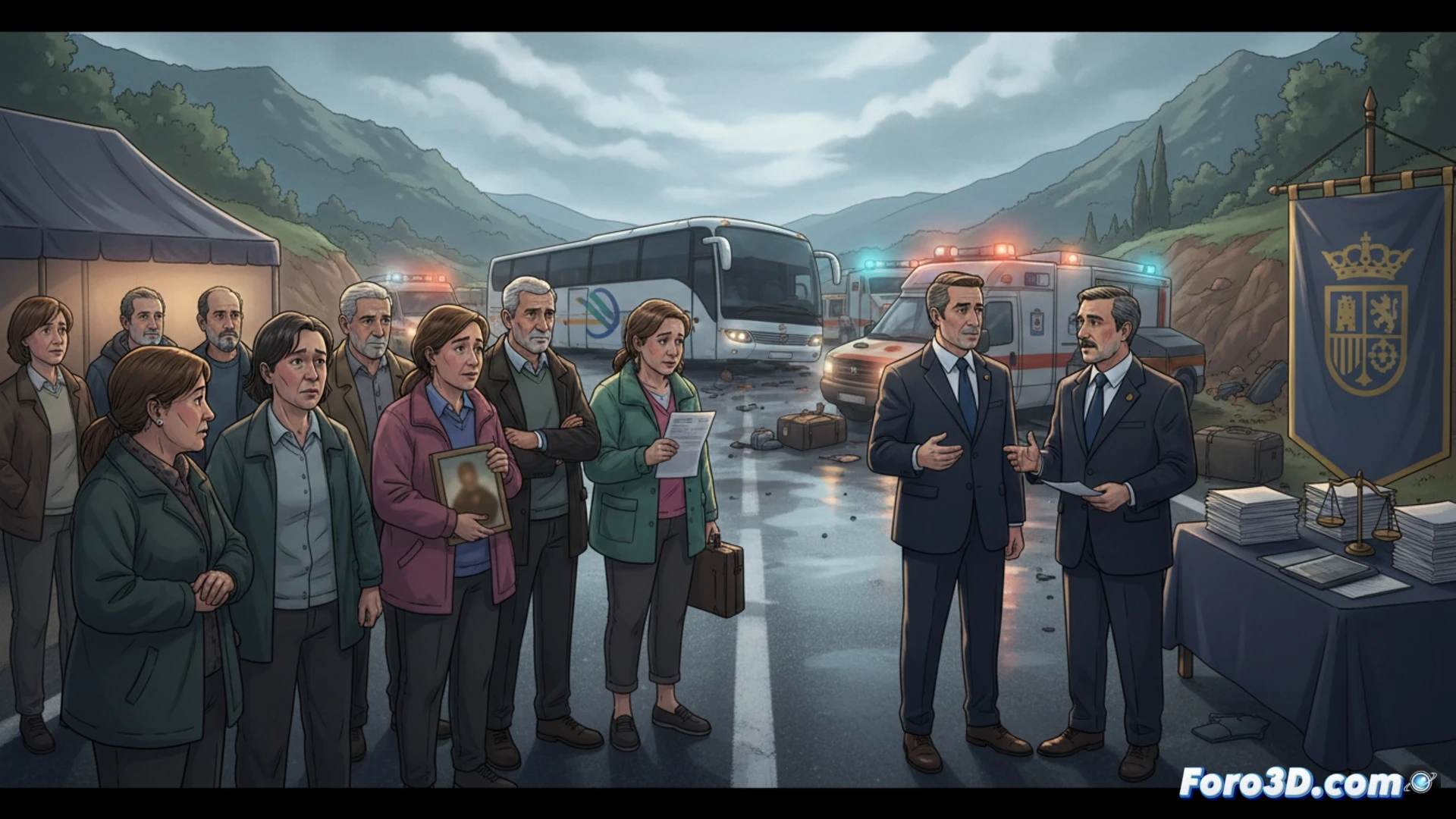 photorealistic technical illustration showing a bus crash reconstruction scene, forensic engineers analyzing crumpled vehicle chassis with digital measuring tools, holographic injury severity data projections floating above damaged seats, bloodstain pattern analysis on shattered windows, emergency responders in reflective vests documenting debris field, cinematic lighting with blue emergency lights illuminating metallic wreckage, detailed mechanical components exposed, broken suspension system visible, electronic tablets showing compensation calculations overlay, dramatic shadows emphasizing structural damage, ultra-realistic textures on torn upholstery and twisted metal