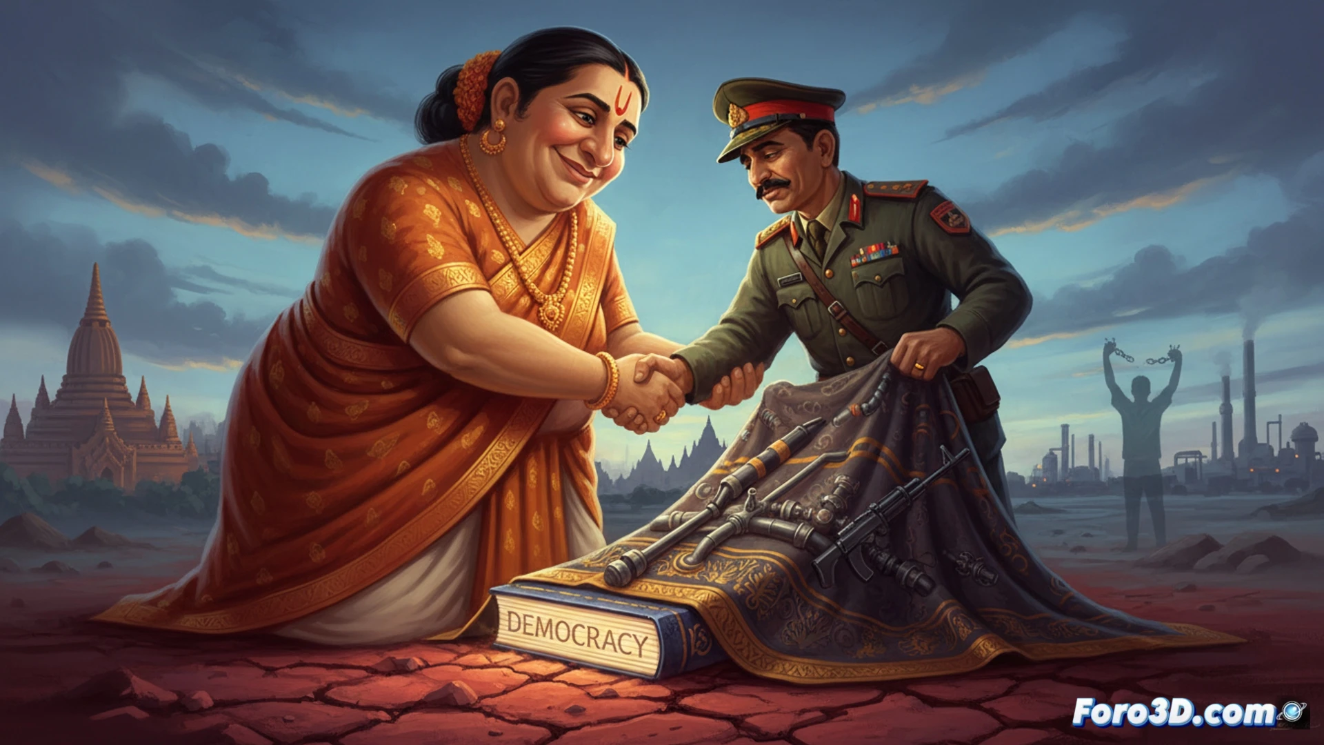 photorealistic cinematic wide shot of a diplomatic handshake between a Indian diplomat in a navy blue suit and a Myanmar military general in olive green uniform, happening over a large natural gas pipeline blueprint spread on a glass table, a drone camera with red recording light hovering overhead, a stack of AK-47 rifles visible in the background corner, a broken democracy protest sign lying on the floor partially hidden under the table, harsh fluorescent office lighting casting long shadows, metallic reflections on the weapons and pipeline diagrams, ultra-detailed textures on uniforms and table surface, dramatic contrast between the formal handshake and the surrounding militarized elements, engineering visualization style
