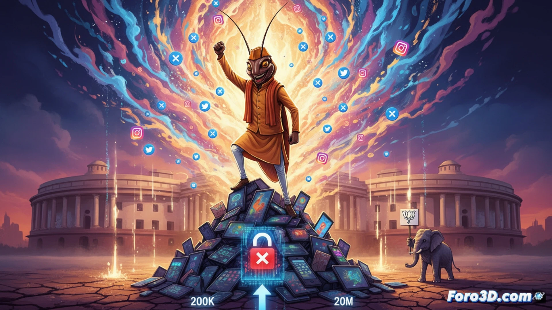 cinematic scene of a smartphone screen showing an Instagram profile page with follower count rapidly increasing from 200K to 20M, while a government blocking symbol with a red error message appears on a separate X account page in the background, digital lock icon being broken by a swarm of cockroach silhouettes, photorealistic technical illustration, glowing neon blue and red interface elements, motion blur on rising numbers, dramatic high-contrast lighting, ultra-detailed glass screen reflections, realistic UI components