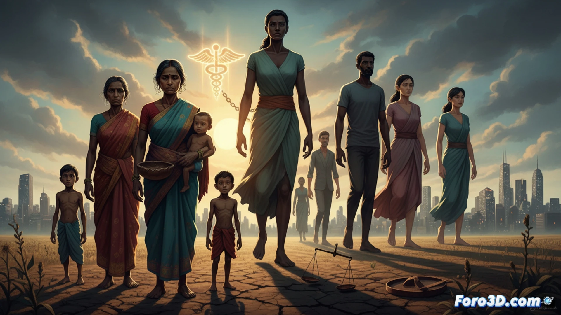 Diagrama de barras comparativo mostrando estaturas decrecientes en India frente a estaturas crecientes globales, con una figura humana estilizada en posición de medición junto a una regla vertical, mientras una línea de tendencia roja desciende sobre un fondo de mapa del subcontinente indio, durante una simulación de datos antropométricos en software de visualización técnica, estilo ilustración técnica cinematográfica, iluminación dramática azul y naranja, texturas metálicas en la regla, gráficos de barras con sombras realistas, fotorealismo de alta definición
