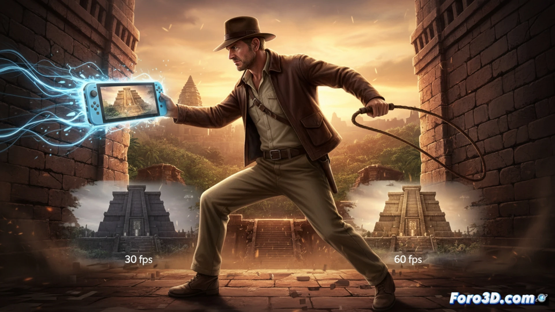 Descripción: Montaje triple de Indiana Jones en Switch 2, Xbox Series S y PS5. La pantalla de Switch 2 muestra 30 fps con DLSS, sombras reducidas pero imagen nítida.