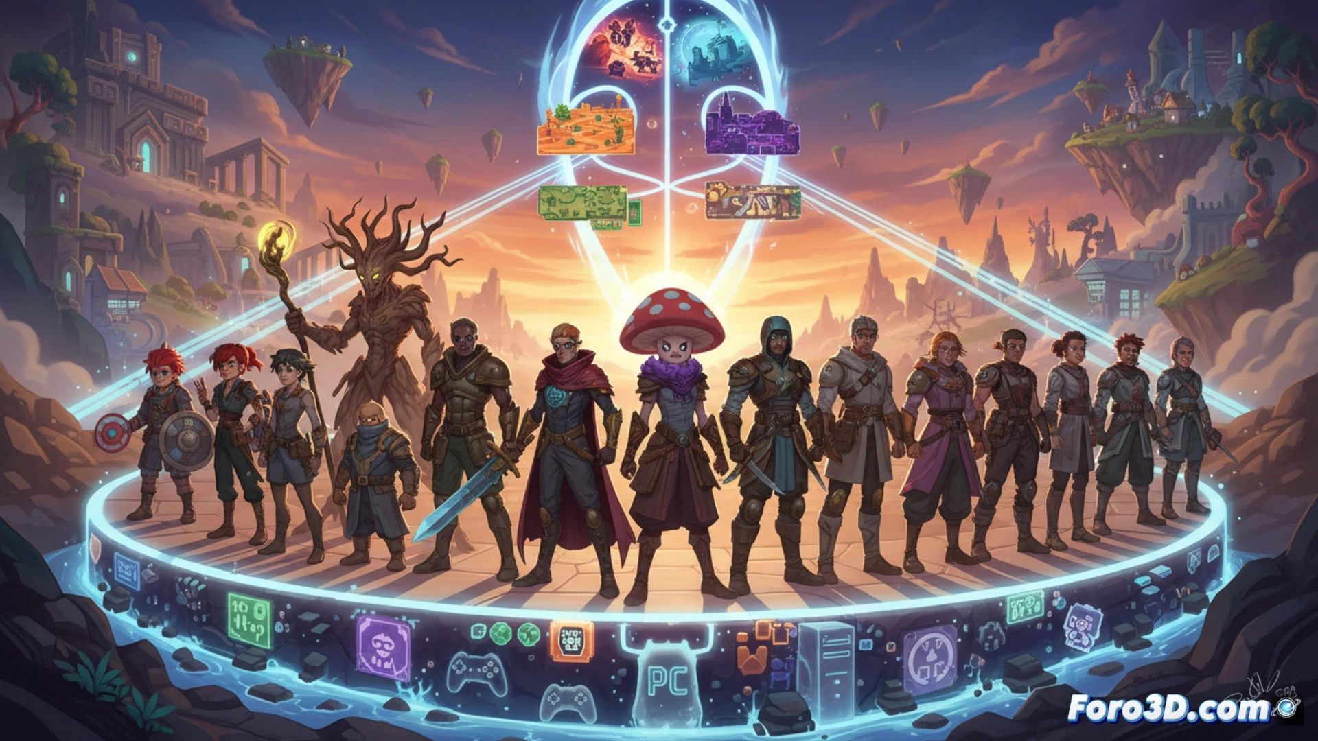 Pixel-art RPG characters from seventeen indie games standing in a circular battle arena, Lea from CrossCode firing energy blades while Kynseed protagonist swings a scythe, glowing portal effects merging different art styles into one cohesive scene, action during a combo attack animation, cinematic game-engine visualization, vibrant neon lighting on metallic floor tiles, particle effects from magic spells, detailed sprite textures with smooth anti-aliasing, dramatic dynamic camera angle, ultra-detailed character designs from multiple universes, photorealistic technical render