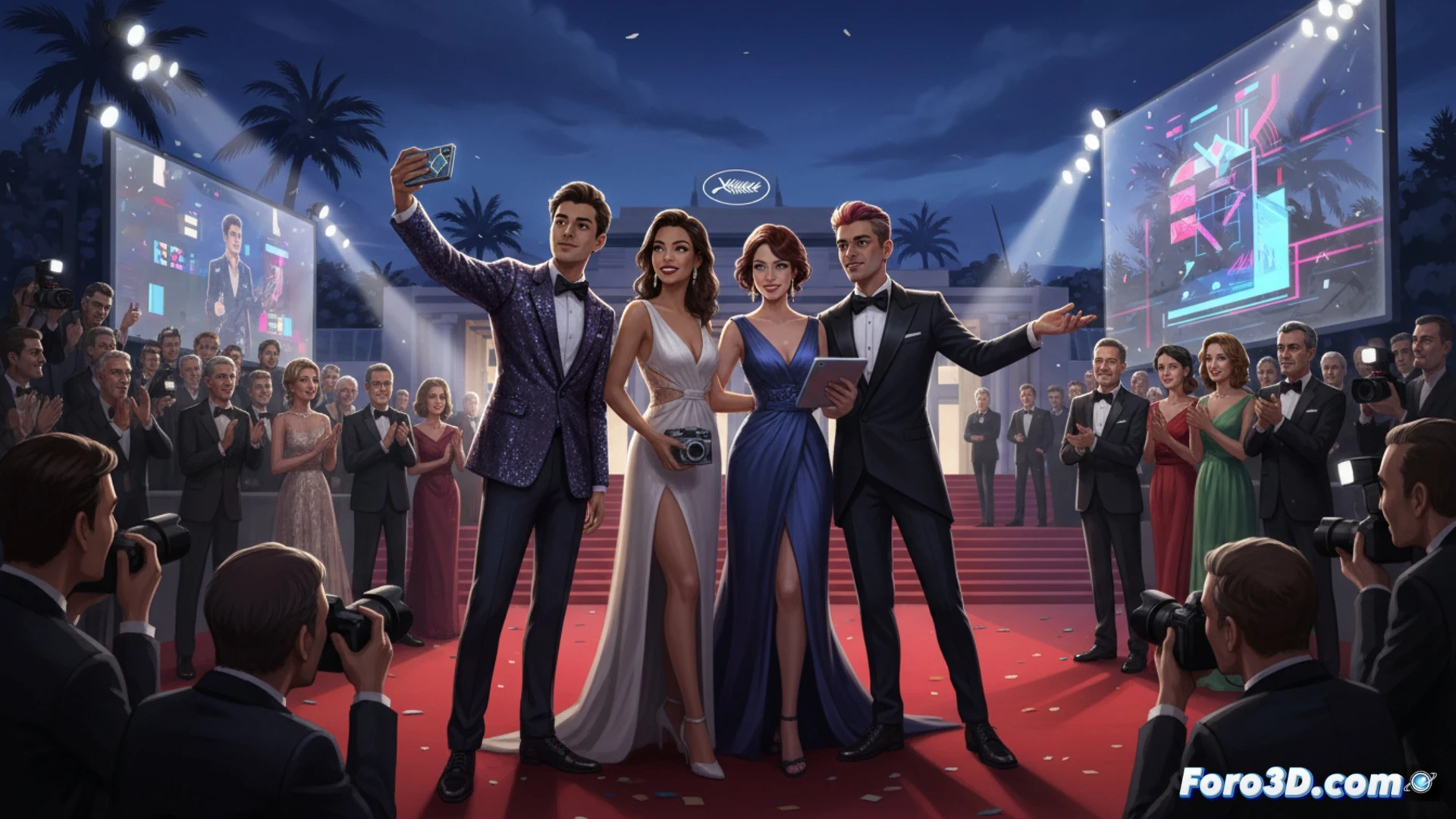 Una joven influencer posa en la alfombra roja de Cannes, rodeada de flashes y cineastas que la buscan para promocionar estrenos.