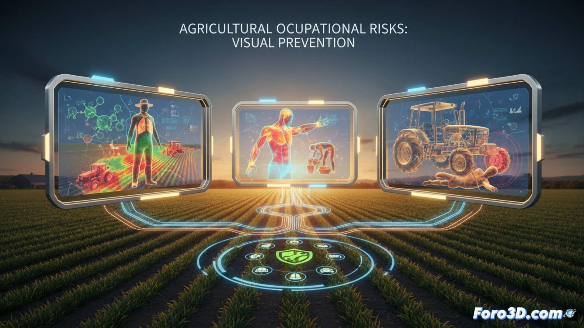 Infografía 3D interactiva sobre riesgos laborales en agricultura con mapas de calor y simulaciones de accidentes