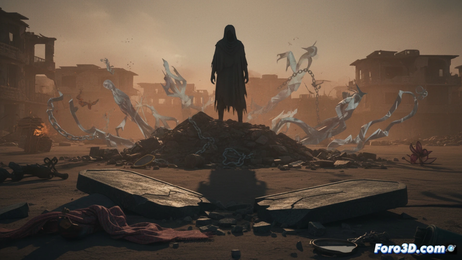 Cinematic photorealistic scene showing a dark underground tunnel with concrete walls, a woman's ripped sleeve caught on a broken metal pipe while a soldier's boot steps on scattered documents with red ink stains, a smashed laptop screen displaying fragmented code and surveillance camera feed, broken handcuffs on the floor near a bloodstained concrete block, harsh overhead fluorescent light casting long shadows, dust particles floating in the air, forensic evidence markers numbered on the ground, technical crime scene investigation visualization, ultra-detailed textures of torn fabric and cracked plastic, dramatic chiaroscuro lighting, photorealistic forensic documentary style