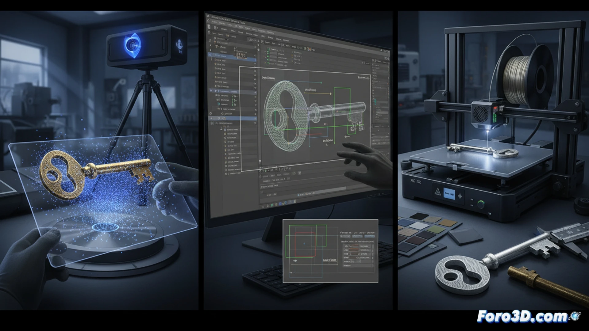 Llave metálica con escaneo laser 3D en proceso de digitalizacion para ingenieria inversa CAD