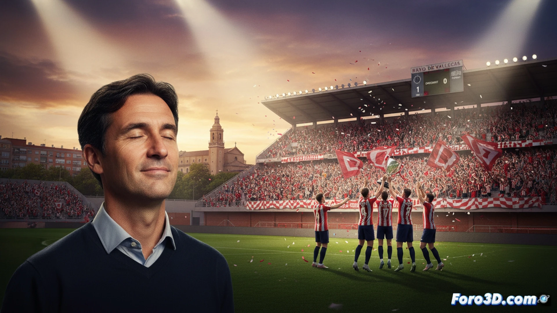 cinematic wide shot of Rayo Vallecano stadium at night, thousands of fans in red and white scarves flooding onto the pitch, players lifting a silver Conference League trophy under floodlights, smoke flares and confetti falling, tactical whiteboard with formation diagrams and player markers visible in foreground, coach Iñigo Pérez in technical jacket gesturing passionately towards celebrating crowd, stadium architecture with floodlight towers and electronic scoreboard showing final score, photorealistic sports documentary style, dramatic lighting, motion blur on waving flags, ultra-detailed crowd faces and jersey textures, emotional celebration atmosphere