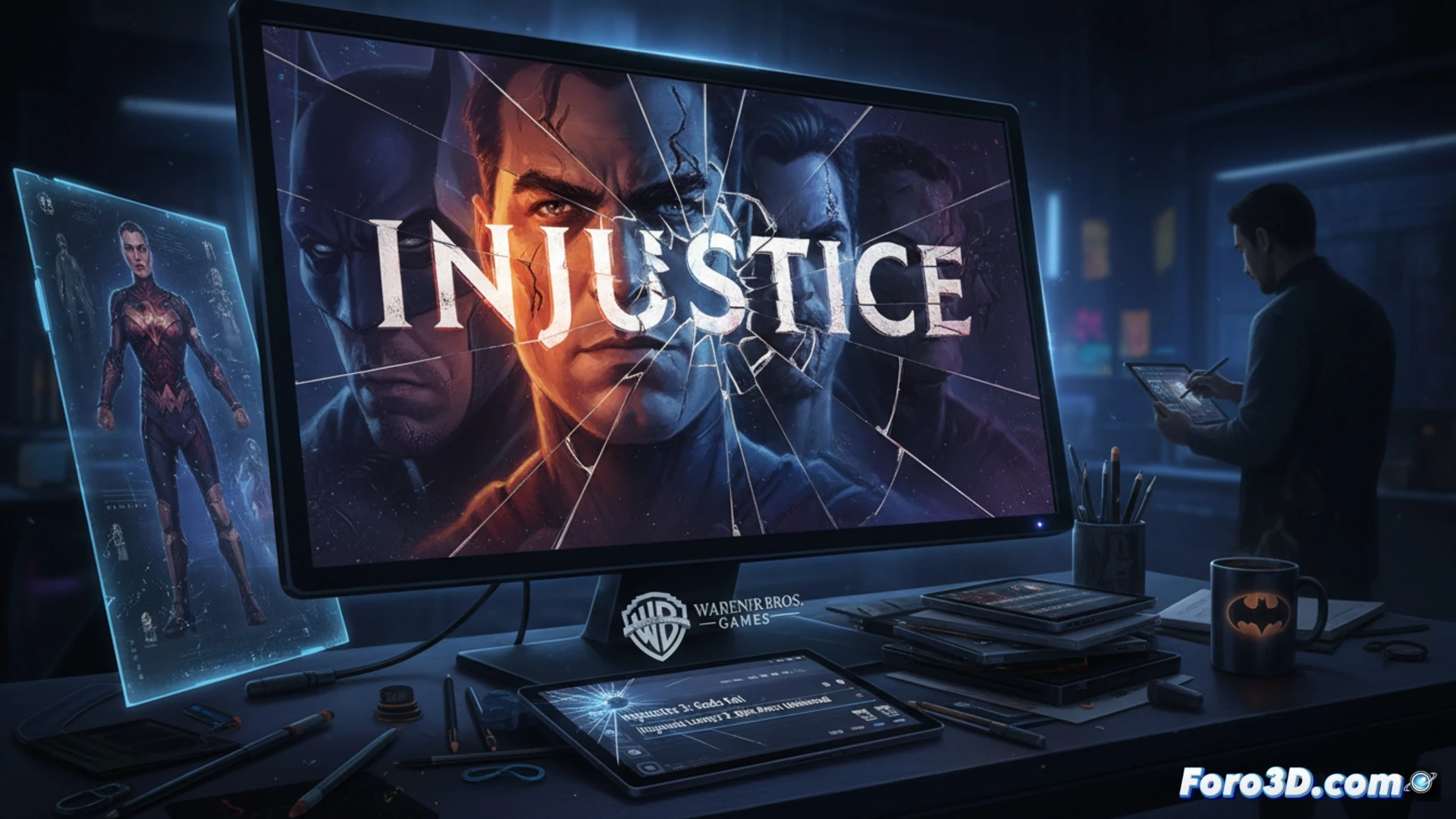 Una pantalla de ordenador muestra el currículum de un artista de Warner Bros., con los títulos 'Injustice 3' y 'Hogwarts Legacy 2' destacados. Al lado, un logotipo de NetherRealm y figuras borrosas de superhéroes sugieren el rumor del juego de lucha.