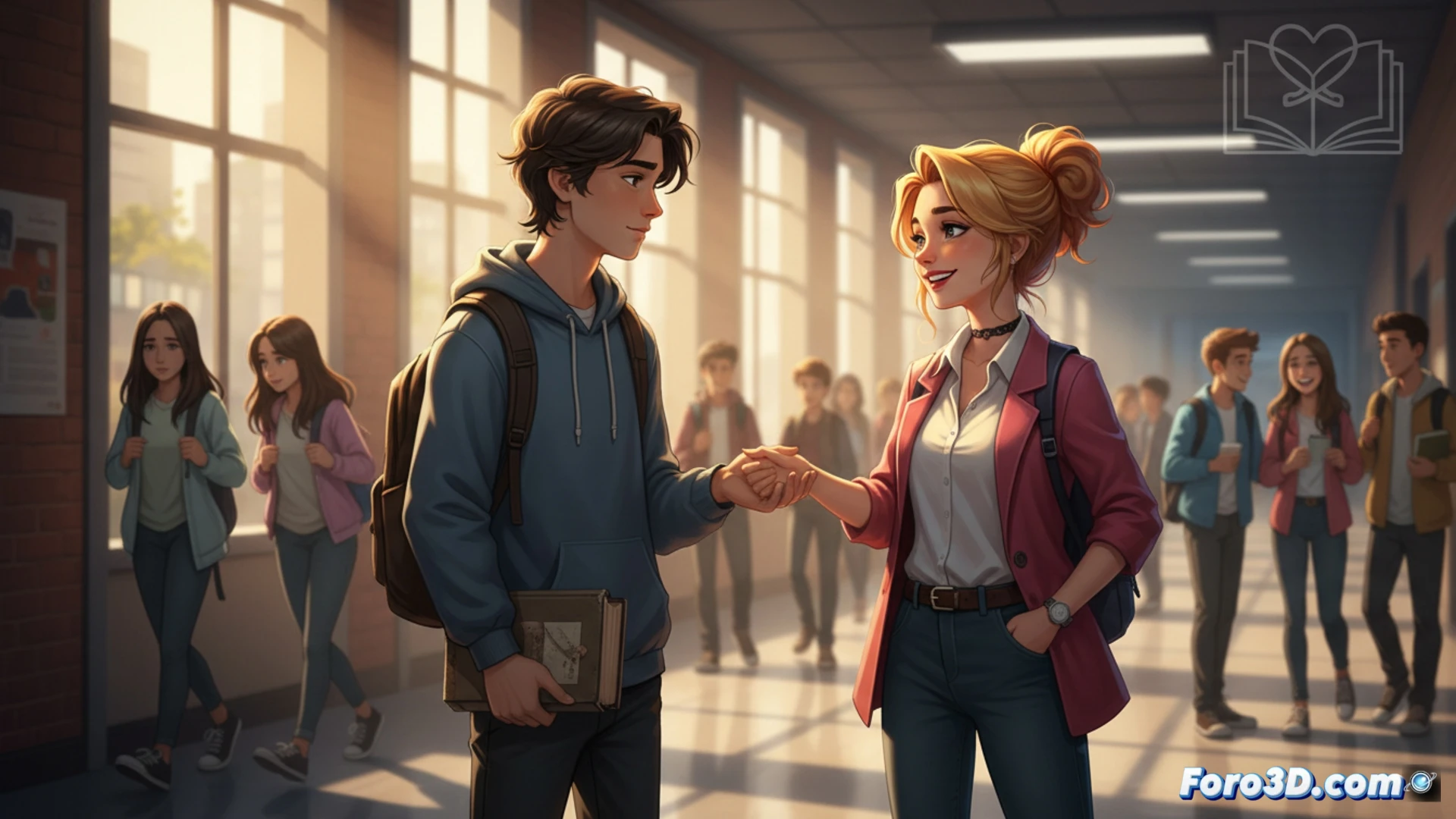 high school hallway scene, two teenagers Nash and Eleonor opposite lockers, Nash offering a torn notebook page while Eleonor hesitantly reaches for it, sunlight through windows casting long shadows, scattered backpack and fallen books on floor, subtle glowing social connection lines between their hands, photorealistic cinematic style, warm amber lighting contrasting cool blue shadows, depth of field blurring background students, dust particles suspended in light beams, emotional tension visible in body language, ultra-detailed textures of denim fabric and metal lockers, dramatic storytelling composition